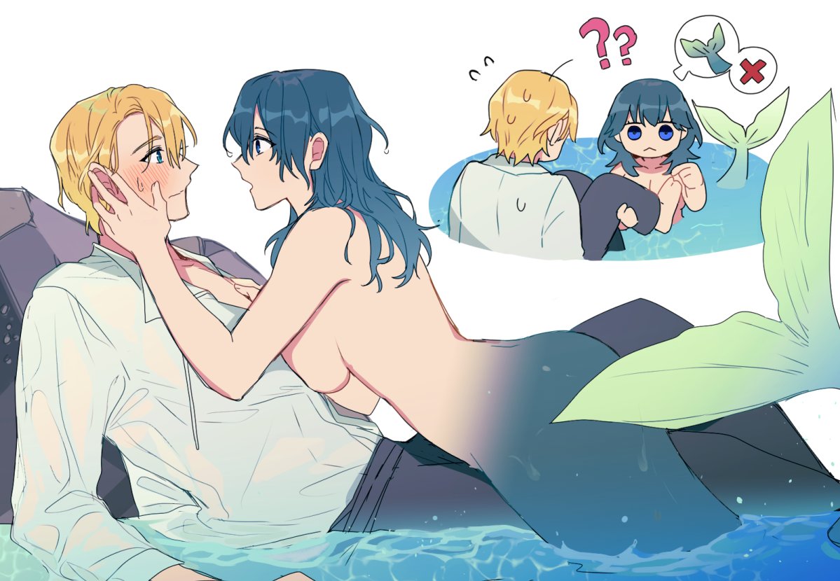 breast_press breasts byleth_(fire_emblem) byleth_(fire_emblem)_(female) chibi cleavage dimitri_alexandre_blaiddyd female fire_emblem fire_emblem:_three_houses kkomcce large_breasts male mermaid nintendo open_mouth topless