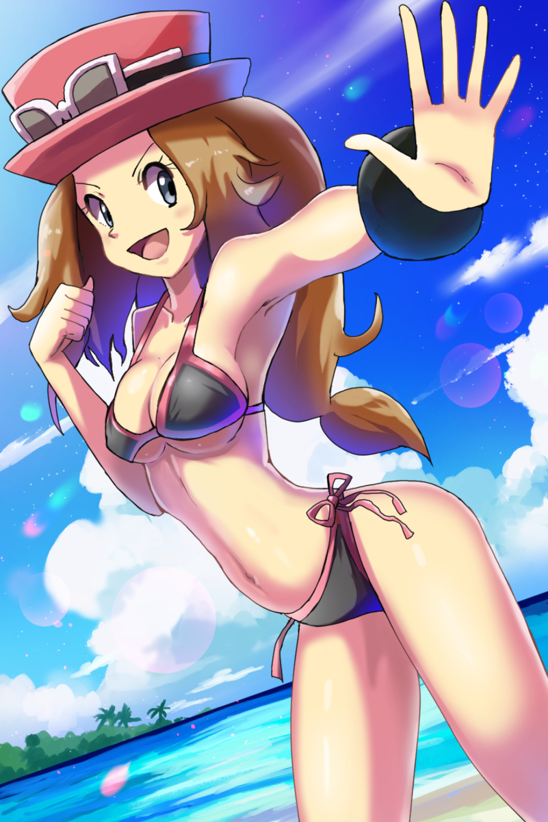 1girls, beach, bikini, black bikini, blonde hair, female, female focus, female only, game freak, glasses on head, grey eyes, hat, light skin, light-skinned female, long hair, nintendo, paraiso551, pokemon, pokemon (game), pokemon xy, pose, serena (pokemon games), serena (pokemon), summer, swimsuit, tagme