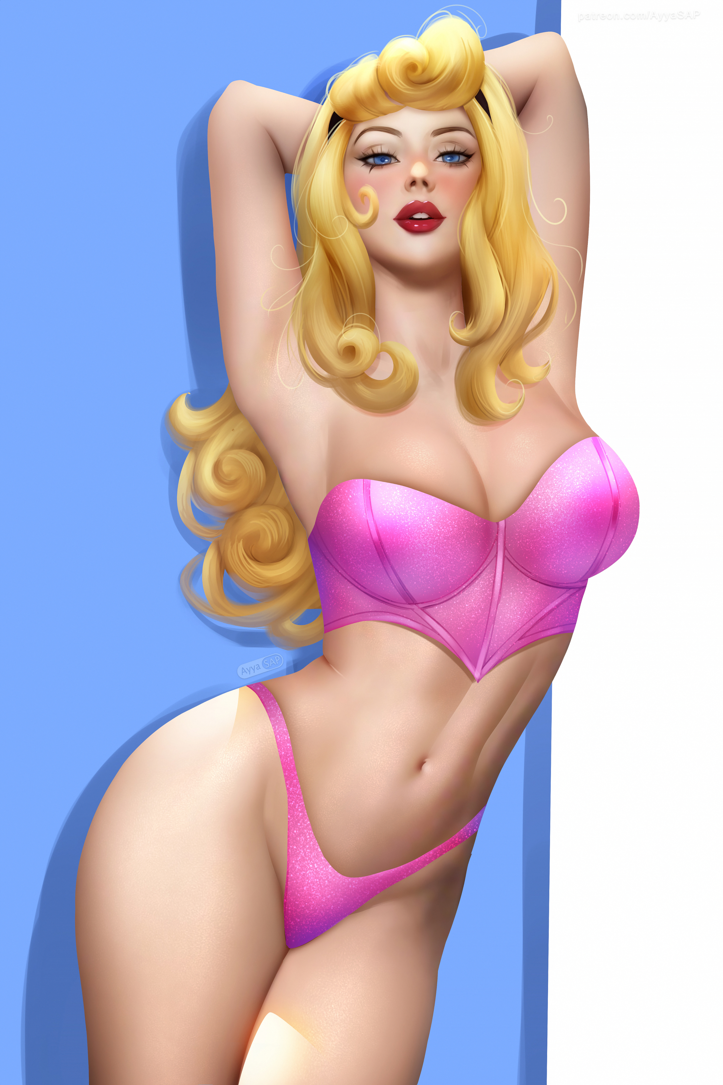 absurd res, arms behind head, aurora (sleeping beauty), ayyasap, blue eyes, breasts, corset, disney, disney princess, female, golden hair, large breasts, lipstick, looking at viewer, pink panties, princess, royalty, skimpy panties, sleeping beauty (1959 film), slim waist, standing, thick lips, thick thighs