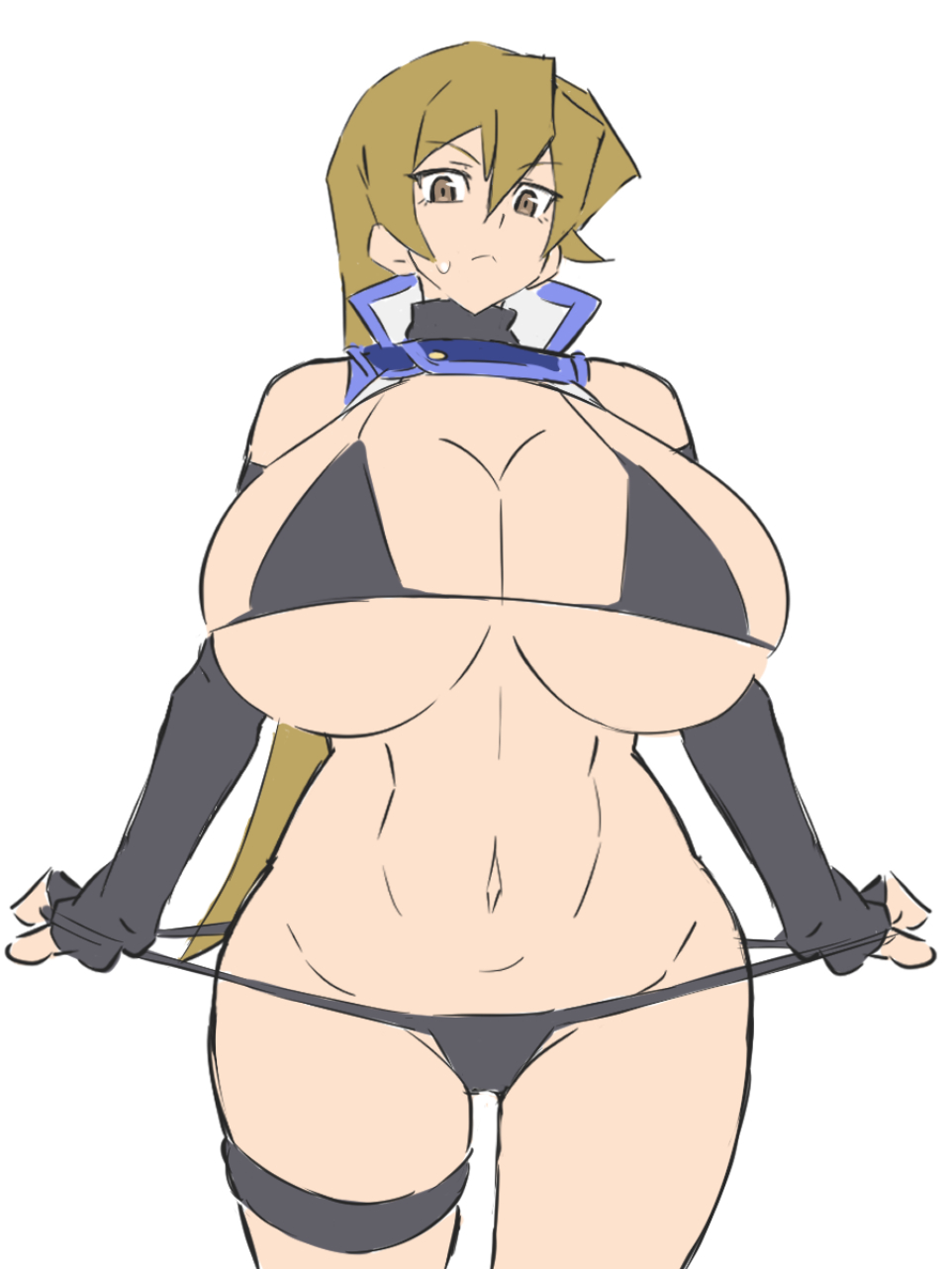 alexis rhodes, bikini, blonde hair, breasts, confused, dd (artist), female, flat colors, huge breasts, looking down, massive breasts, small waist, stretching underwear, sweatdrop, voluptuous, white background, yu-gi-oh!, yu-gi-oh! gx