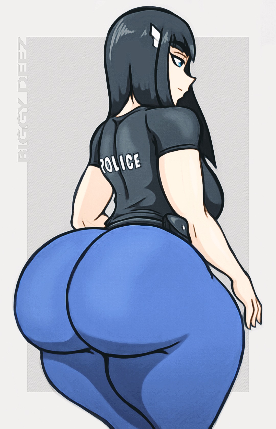 1girls, ass, big ass, biggy deez, black hair, blue eyes, breasts, fat ass, female, female only, fully clothed, huge ass, kill la kill, kiryuuin satsuki, light skin, long hair, meme, police, police officer, police uniform, policewoman, solo, thicc french policewoman, thicc french policewoman (cosplay), thick thighs, tight pants, wide hips