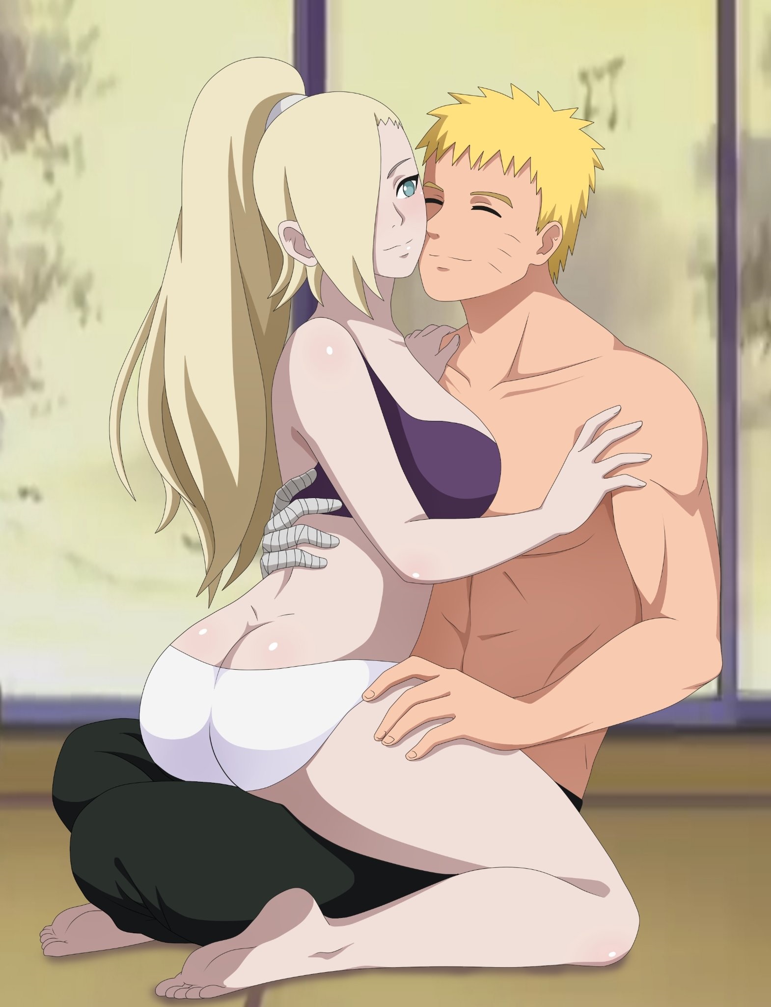 1boy, 1girls, ass, ass cleavage, ass crack, blonde hair, blush, boruto: naruto next generations, butt crack, couple, cuddling, female, half naked, happy, hug, hugging, human, iharuluna (artist), ino yamanaka, lingerie, male, naruto, naruto (series), naruto shippuden, panties, pants, romantic, romantic couple, round ass, shirtless, shirtless (male), shounen jump, smile, smiling, straddling, uzumaki naruto, white panties