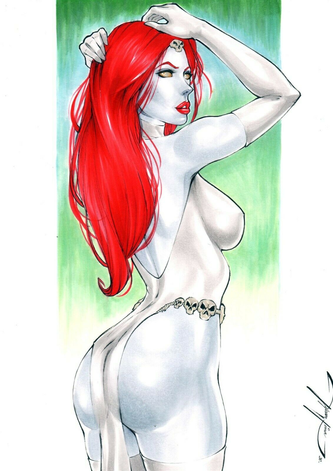 1girls armpits ass big_ass big_breasts blue_skin bulge_through_clothing bulging_breasts colored_sclera ed_benes_studio female female_only jeferson_lima marvel marvel_comics mutant mystique orange_eyes orange_sclera raven_darkholme red_eyebrows red_hair red_lipstick shapeshifter skull_belt solo x-men