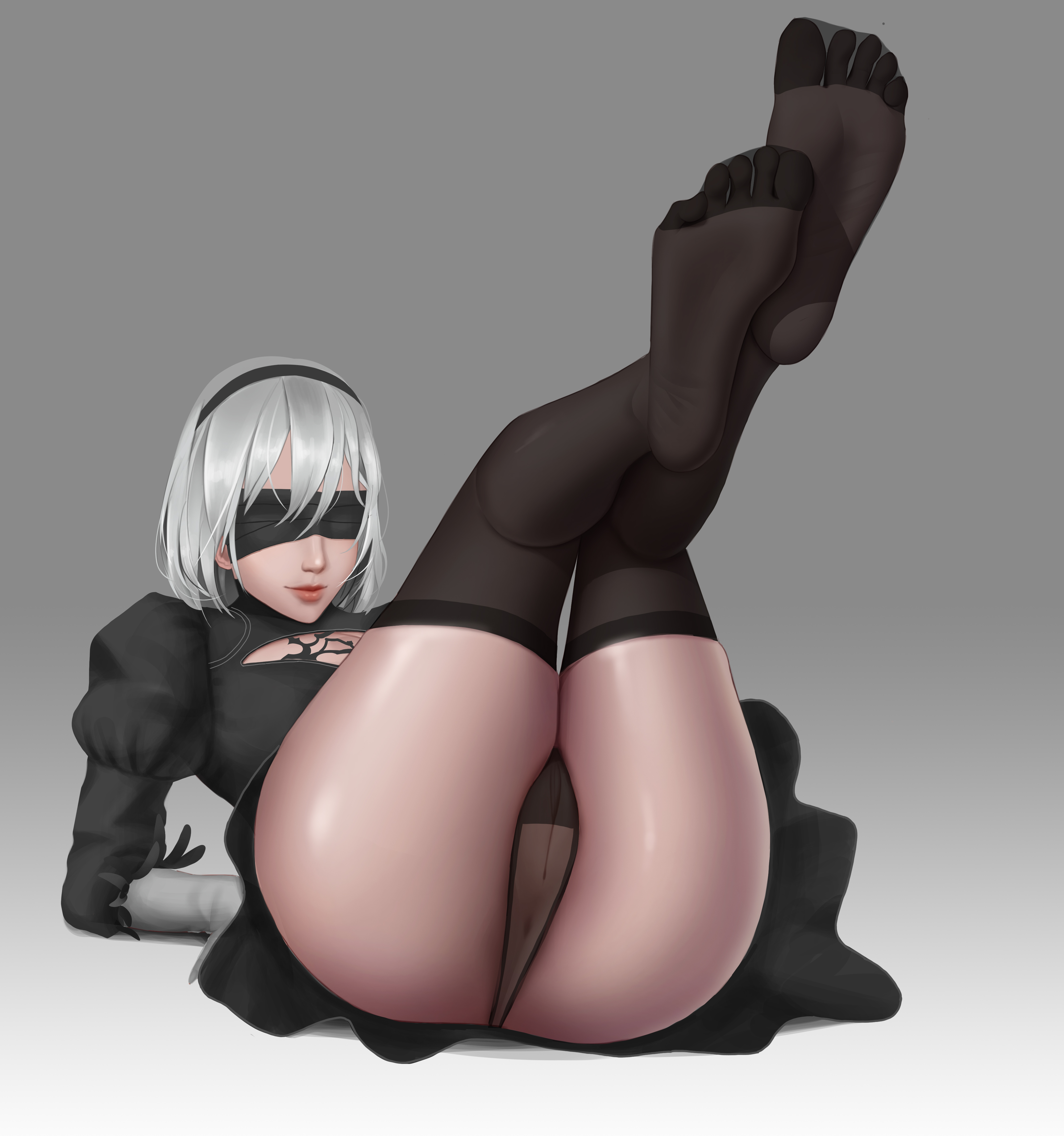 anus, ass, blindfold, cameltoe, female, headband, mask, nier: automata, pantyhose, pussy, solo, vhvietdg, white hair, yorha 2b