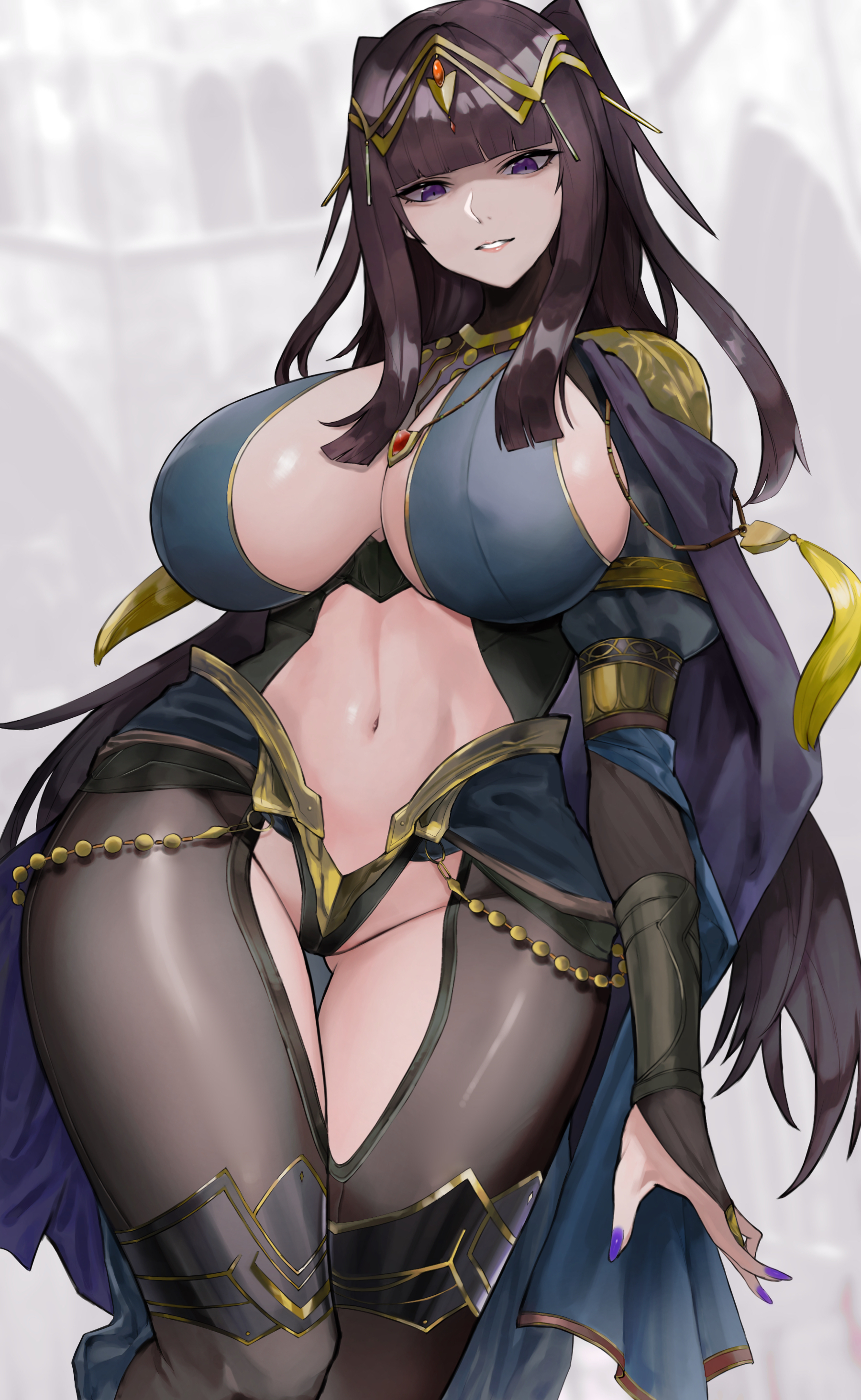 1girls, 2022, absurdres, alternate costume, ass visible through thighs, bangs, bare midriff, bare thighs, black hair, blunt bangs, blush, bodysuit, bracelet, breasts, bridal gauntlets, cape, female, female only, fire emblem, fire emblem awakening, highres, hips, huge breasts, inner thighs, jewelry, kataku musou, light skin, light-skinned female, long hair, looking at viewer, midriff, nail polish, navel, necklace, nintendo, pale skin, pale-skinned female, parted lips, puffy sleeves, purple eyes, purple nails, revealing clothes, revision, sideboob, skin tight, smile, solo, tharja (fire emblem), thick thighs, thigh gap, thighs, tiara, wide hips