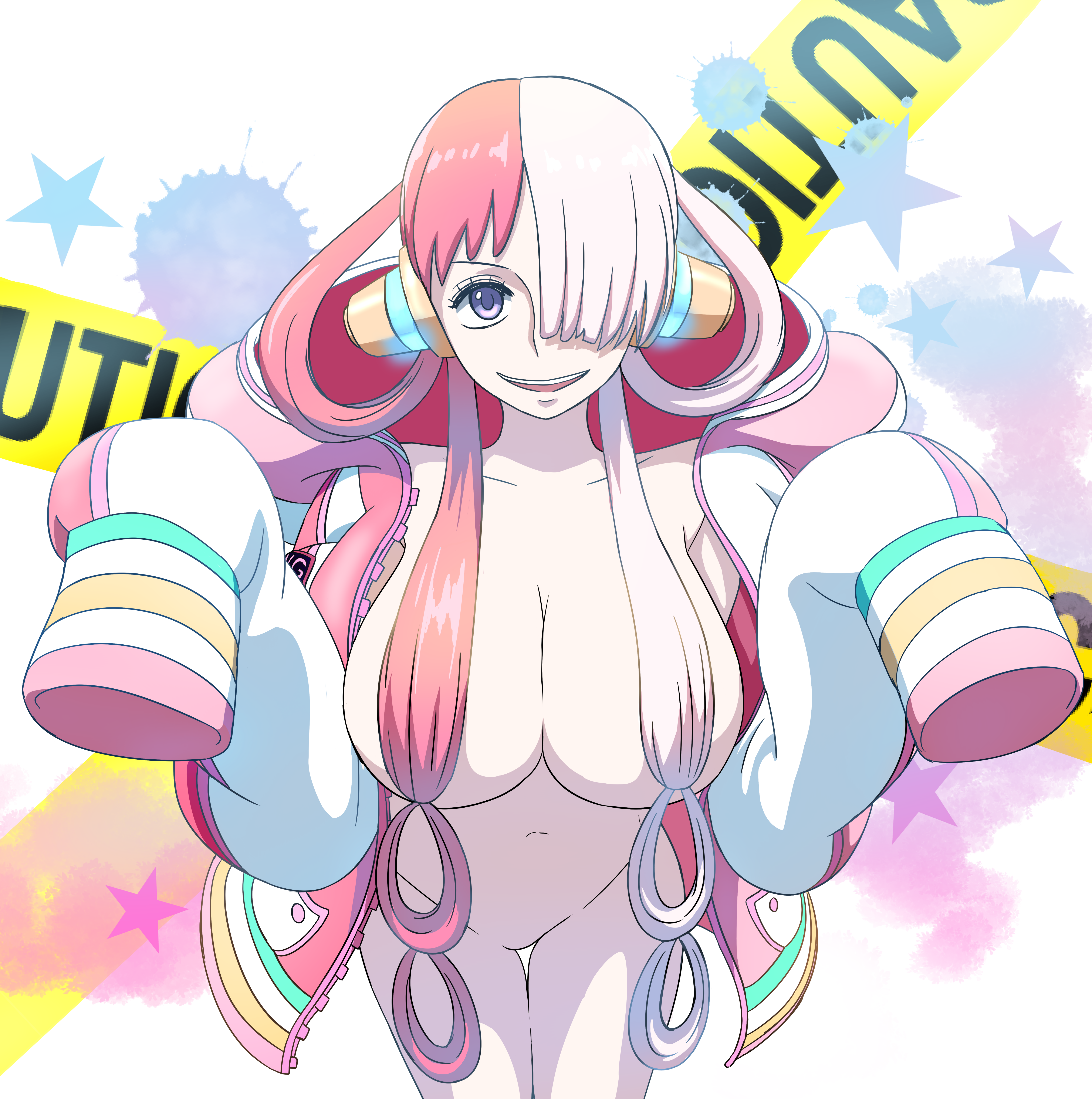 1girls, big breasts, breasts, covered nipples, female, female only, kirayuu (artist), naked, nude, one piece, one piece film red, red hair, red-haired female, two tone hair, uta (one piece), white hair, white-haired female