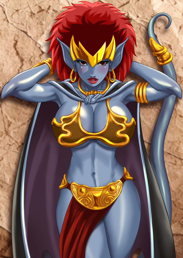 belly_dancer belly_dancer_outfit blue_skin cleavage cosplay crossover_cosplay demona disney femsub gargoyles harem_girl harem_outfit huge_breasts loincloth lucasfilm pointy_ears red_hair slave slave_bikini slave_collar slave_leia_(cosplay) slave_outfit slavegirl star_wars submissive_female tail tiara weird_crossover wings xkorner