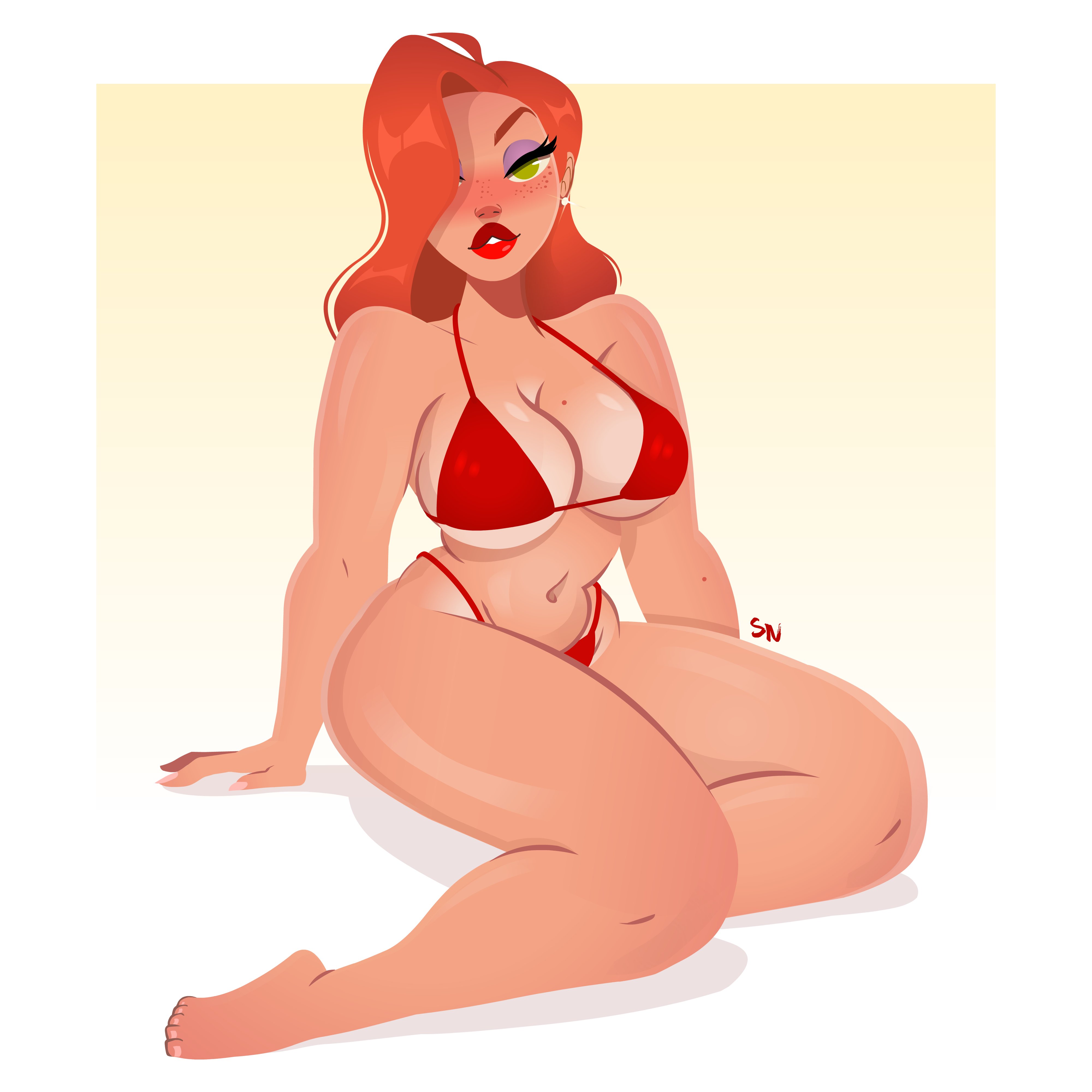 1girls, 2022, big breasts, bikini, breasts, cleavage, disney, earrings, eyeshadow, female, freckles, freckles on face, green eyes, hair over one eye, hourglass figure, jessica rabbit, lipstick, long hair, long red hair, looking at viewer, mole on breast, nightlyneu, red bikini, red hair, sitting, string bikini, thick thighs, who framed roger rabbit