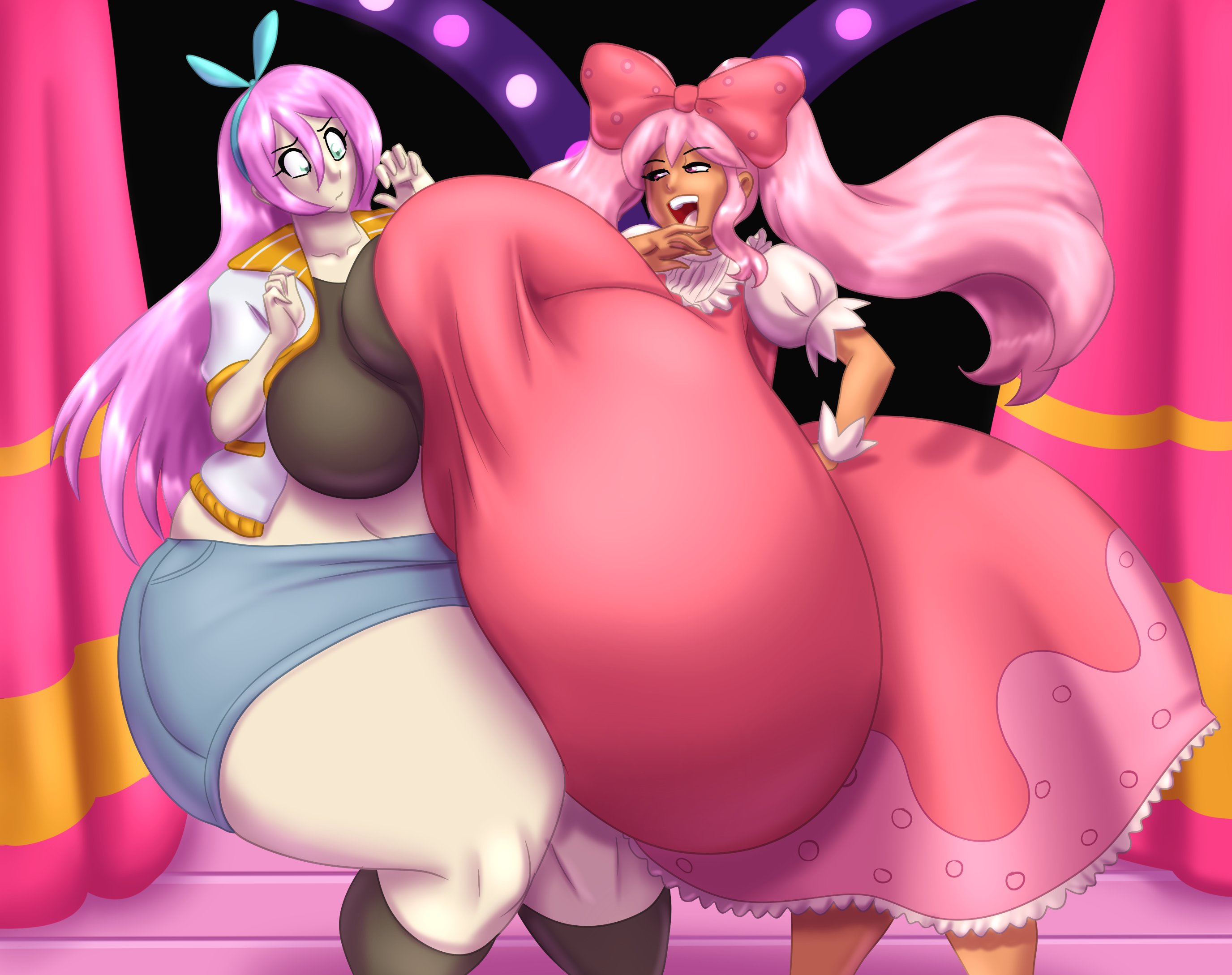 2girls, ass, aubrey (omori), big breasts, blues64, breast squish, breast to breast, breasts, breasts bigger than body, breasts bigger than head, breasts frottage, breasts to breasts, clothing, dress, female, female focus, female only, gigantic breasts, huge ass, hyper, hyper breasts, long hair, long pink hair, long-haired female, looking back, marauder6272, omori, open mouth, pink hair, pink-haired female, round breasts, squished breasts, sweetheart (omori), thick thighs, thighs bigger than head, thighs bigger than torso, thunder thighs