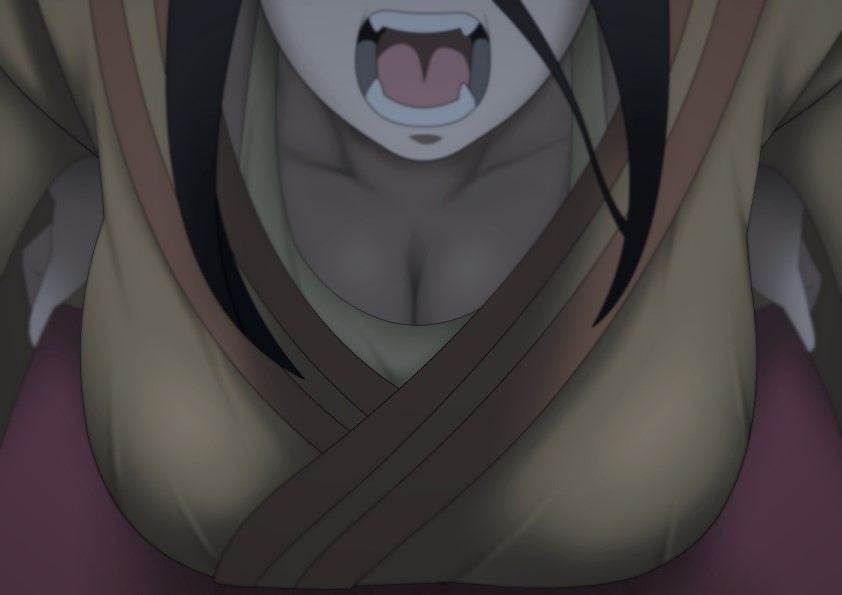 1girls ambiguous_pov angry bent_over black_hair boruto:_naruto_next_generations breast_focus breasts busty cleavage downblouse eeshin_(eishin5584) fangs hand_on_hip hanging_breasts head_out_of_frame huge_breasts hyuuga_hanabi japanese_clothes kimono naruto naruto_(series) open_mouth pov solo solo_focus teeth tongue