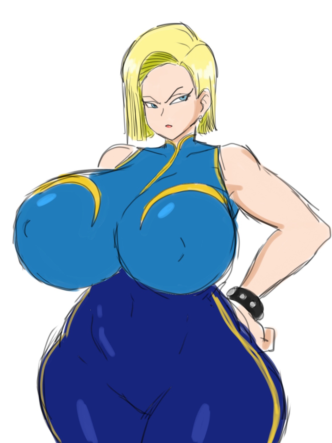 1girls, android 18, ass, blonde, blonde female, blonde hair, blonde-haired female, blue eyes, breasts, cameltoe, chun-li (cosplay), cleavage, curvy, dragon ball, erect nipples, female, gigantic breasts, huge areolae, huge ass, momiji (artist), nipples, puffy nipples, pussy, short hair, sketch, street fighter, thick lips, venus body, voluptuous, wide hips, yellow hair
