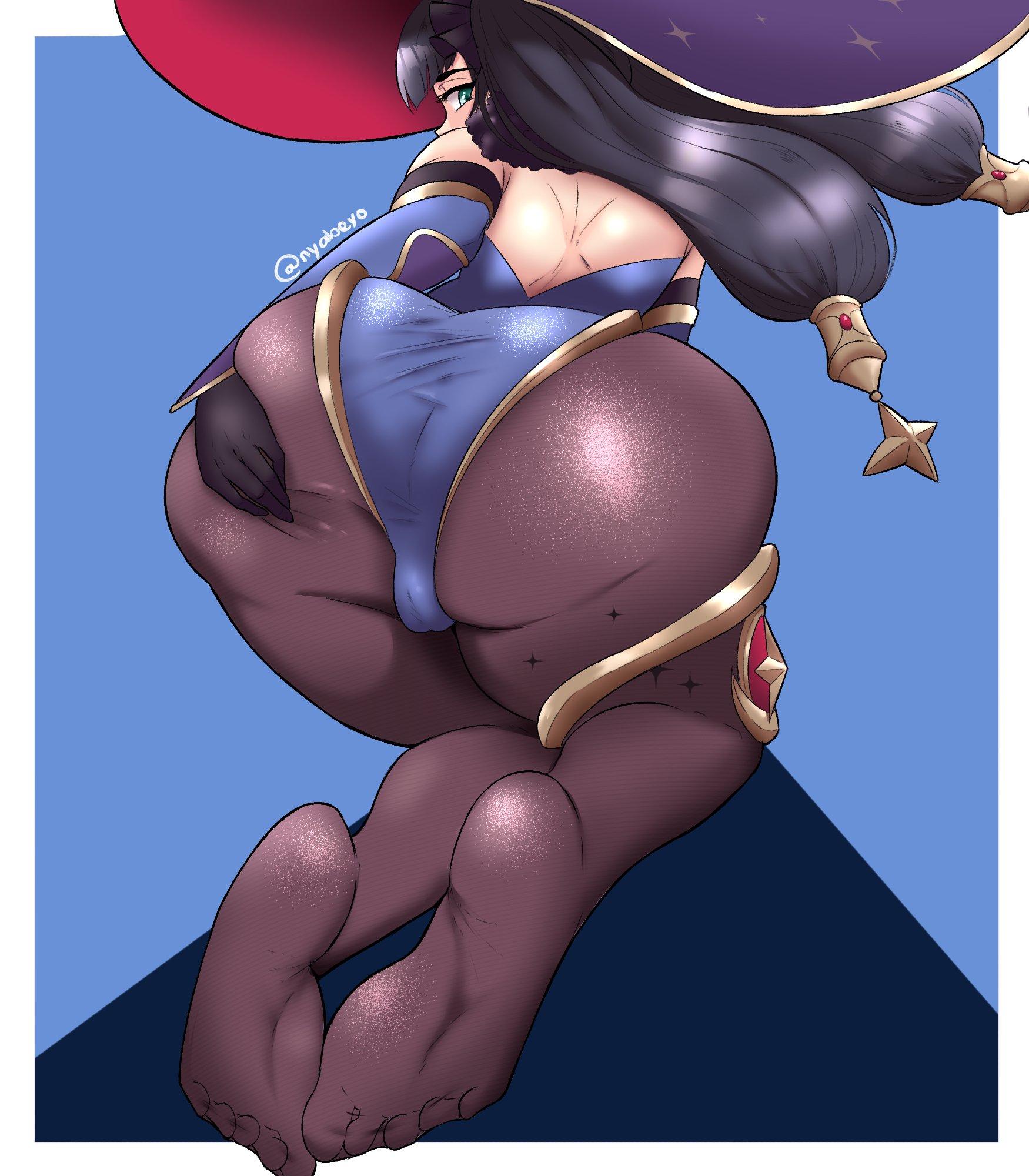 ass, big ass, big butt, fat ass, fat butt, feet in stockings, female, genshin impact, grabbing own ass, large ass, mona (genshin impact), witch hat