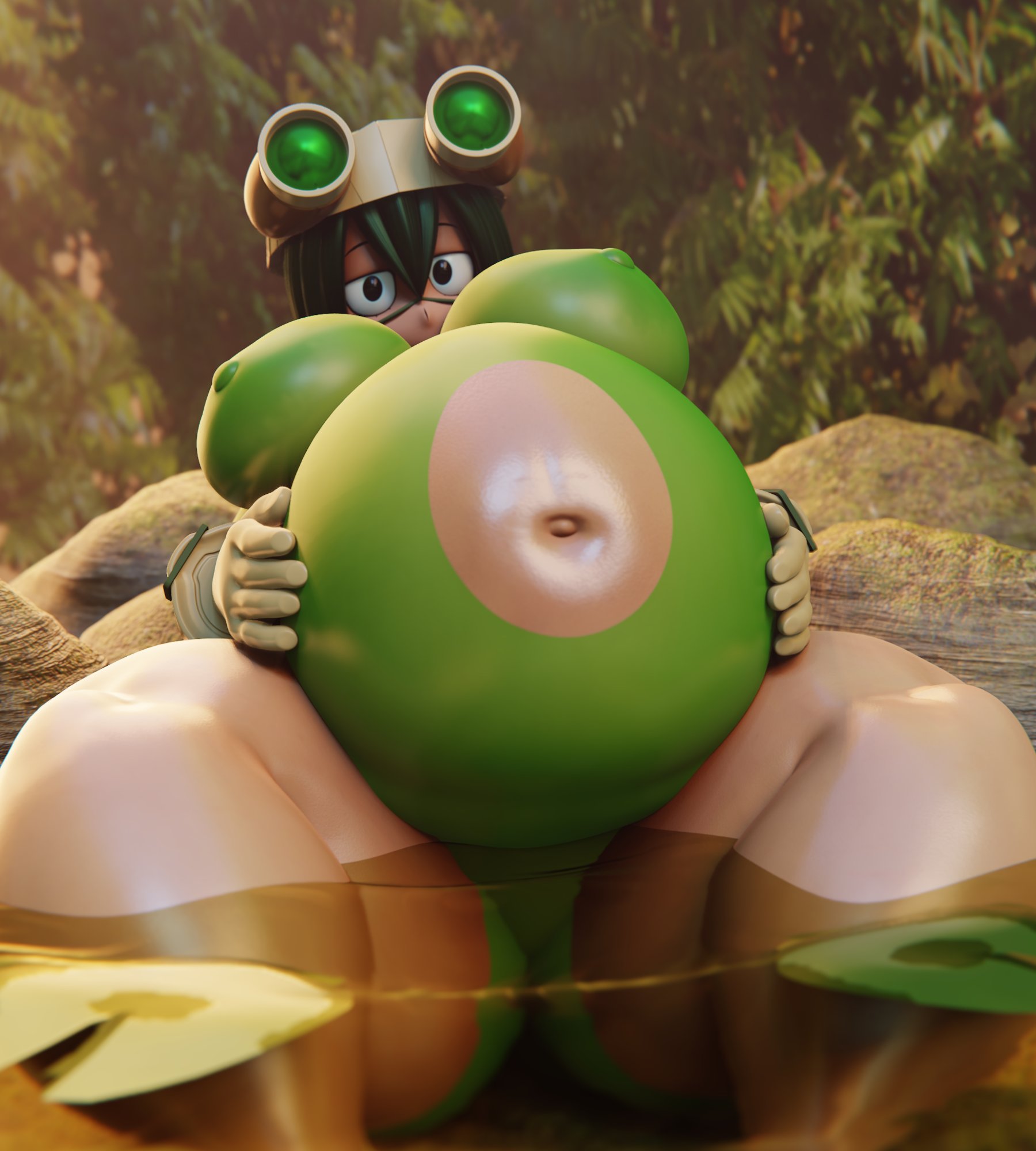 1girls, bbw, big belly, big breasts, breasts, cghonk, chubby, dark green hair, erect nipples, facepaint, fat, female, female only, grabbing own belly, headgear, huge belly, huge breasts, latex, latex swimsuit, long hair, looking at viewer, my hero academia, nipples, nipples visible through clothing, overweight, overweight female, pond, pregnancy, pregnant, pregnant belly, presenting belly, ready to pop, shiny belly, sitting, sitting in water, solo female, tsuyu asui, venus body, voluptuous, wet belly