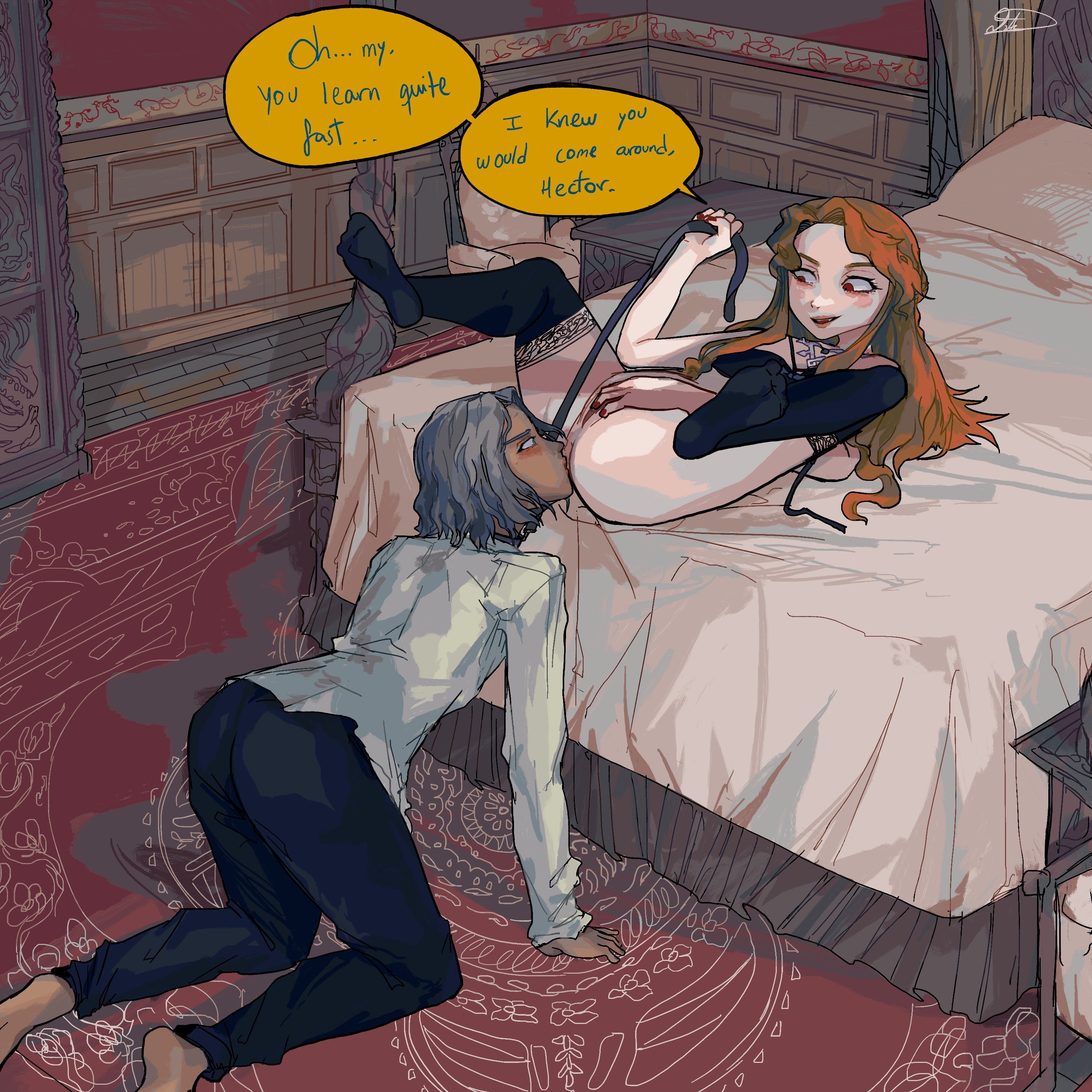 1boy, 1girls, anilingus, background, bed, bedroom, castlevania, castlevania (netflix), clothed male, collar, eating ass, edge of bed, english text, female, femdom, hector (castlevania), leash, leash and collar, leash pull, lenore (castlevania), lingerie, male, malesub, on bed, on hands and knees, partially clothed, pussy, red hair, rimjob, rimming, silver hair, source request, stockings, straight, touching pussy, usagaijin, word balloon
