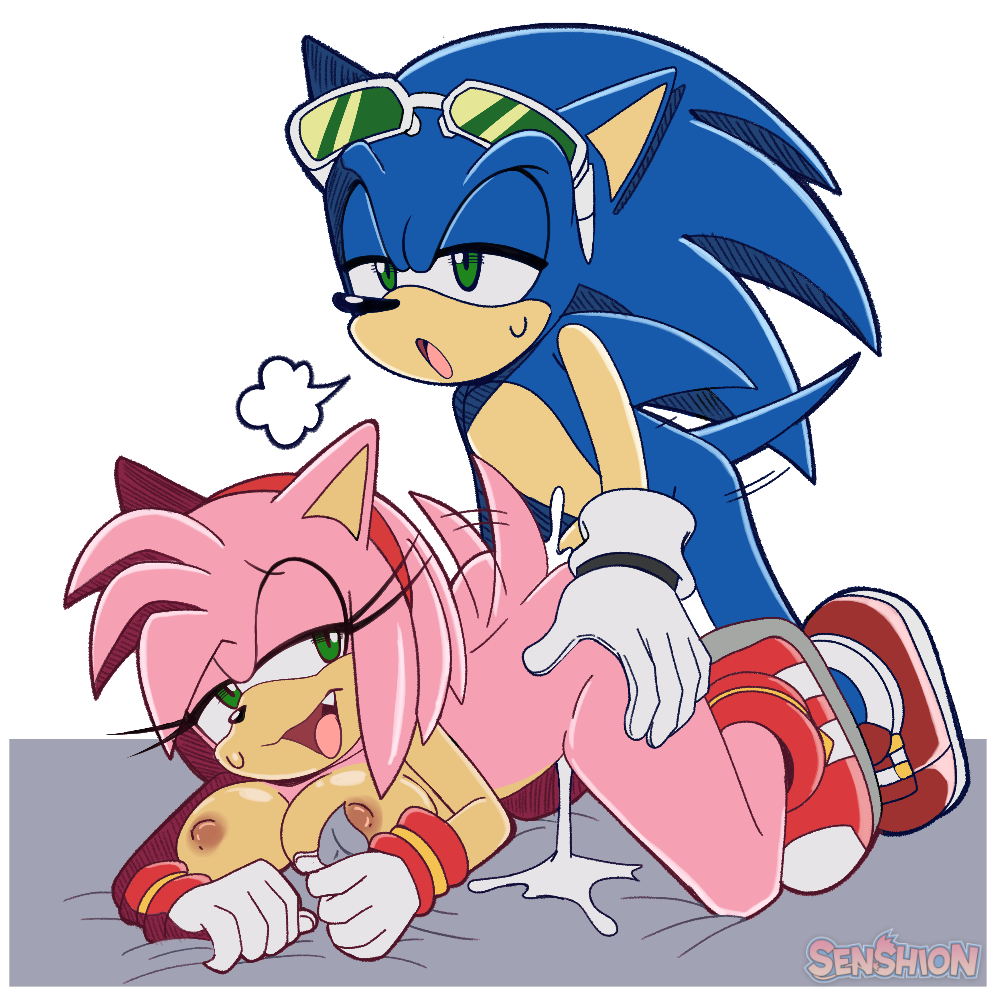 2022, absurd res, ambiguous penetration, amy rose, anthro, areola, ass, black nose, blue body, bodily fluids, breasts, clothing, cum, cum inside, duo, eulipotyphlan, eyewear, eyewear on head, female, female penetrated, footwear, genital fluids, genitals, gloves, green eyes, handwear, happy, happy sex, hedgehog, hi res, looking pleasured, male, male penetrating, male penetrating female, male/female, mammal, mostly nude, nipples, open mouth, open smile, penetration, penile, penile penetration, penis, pink body, pink hair, sega, senshion, sex, shoes, simple background, smile, sonic (series), sonic riders, sonic the hedgehog, sonic the hedgehog (series), sunglasses, sunglasses on head, sweat, tail motion, tailwag