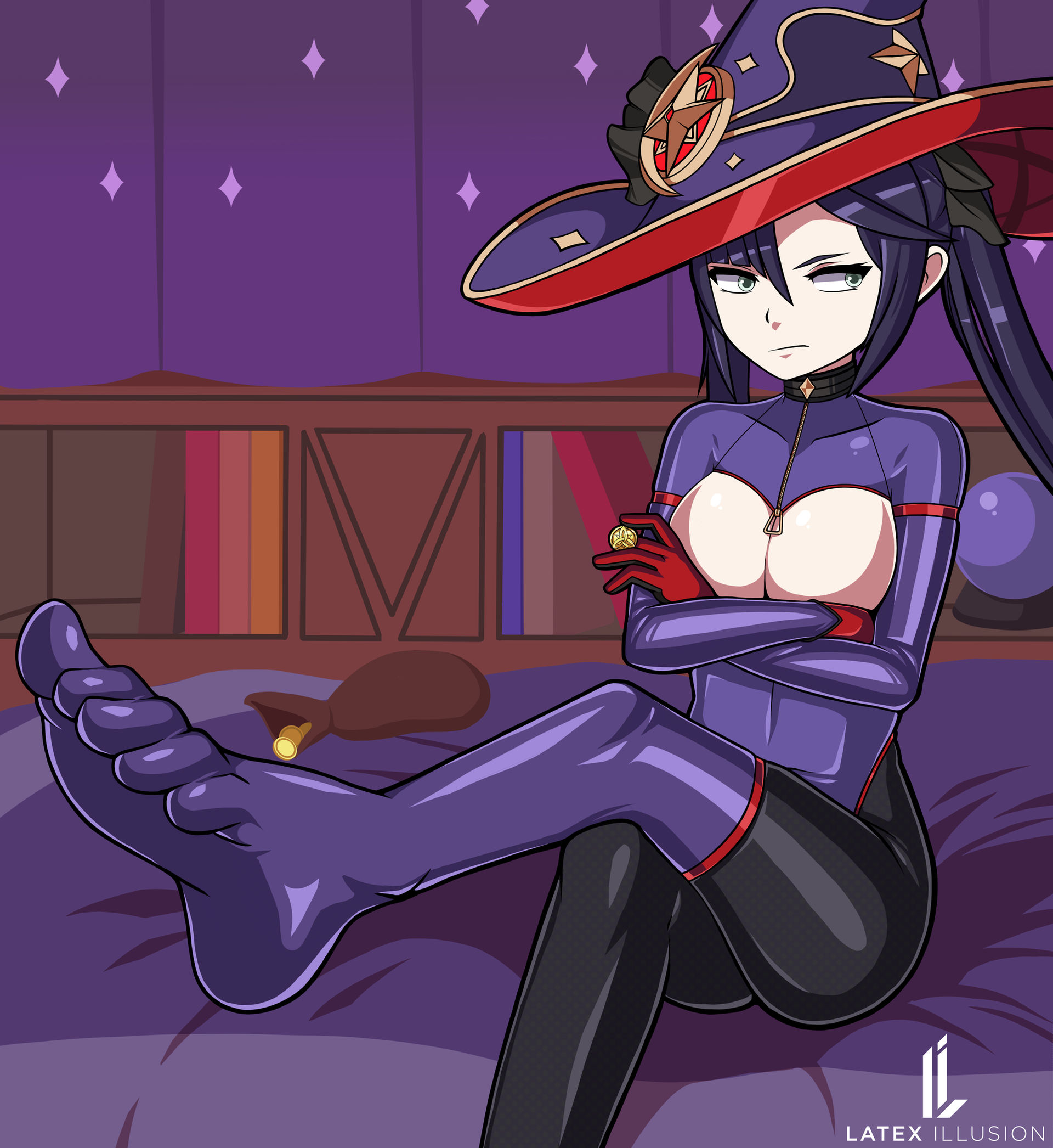 1girls, 2d, 5 toes, annoyed, argrim, collar, feet, female, female only, fully clothed, genshin impact, green eyes, indoors, latex, light skin, light-skinned female, looking away, mona (genshin impact), shiny clothes, solo, tight clothing, uninterested