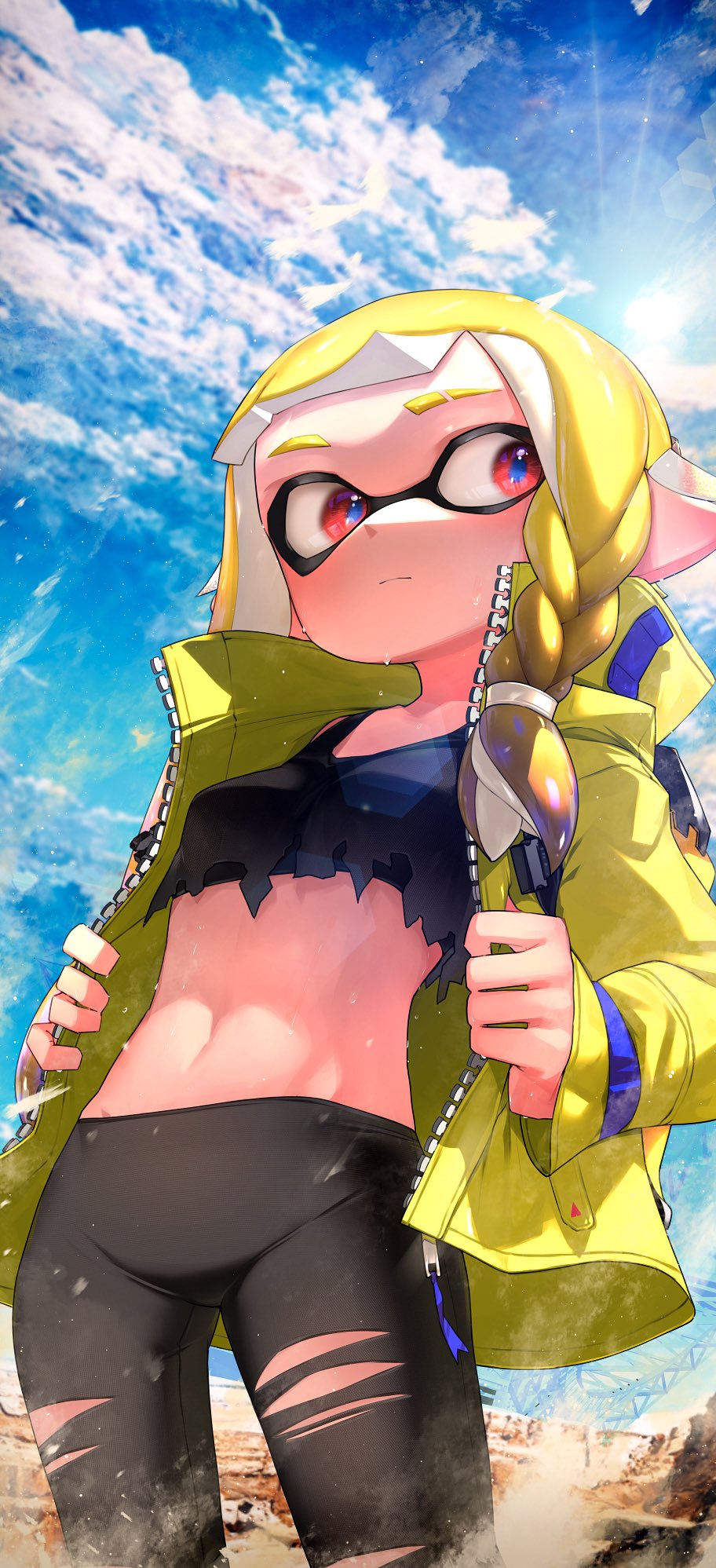 1girls animal_humanoid anthro black_legwear cephalopod cephalopod_humanoid hizake humanoid inkling inkling_girl jacket kashu_(hizake) mask_(marking) midriff new_agent_3_(splatoon) nintendo open_jacket outdoors pointy_ears pseudo_hair red_eyes ripped_clothing solo splatoon splatoon_(series) splatoon_3 squid sweat tentacle tentacle_hair veronika_(splatoon) yellow_hair