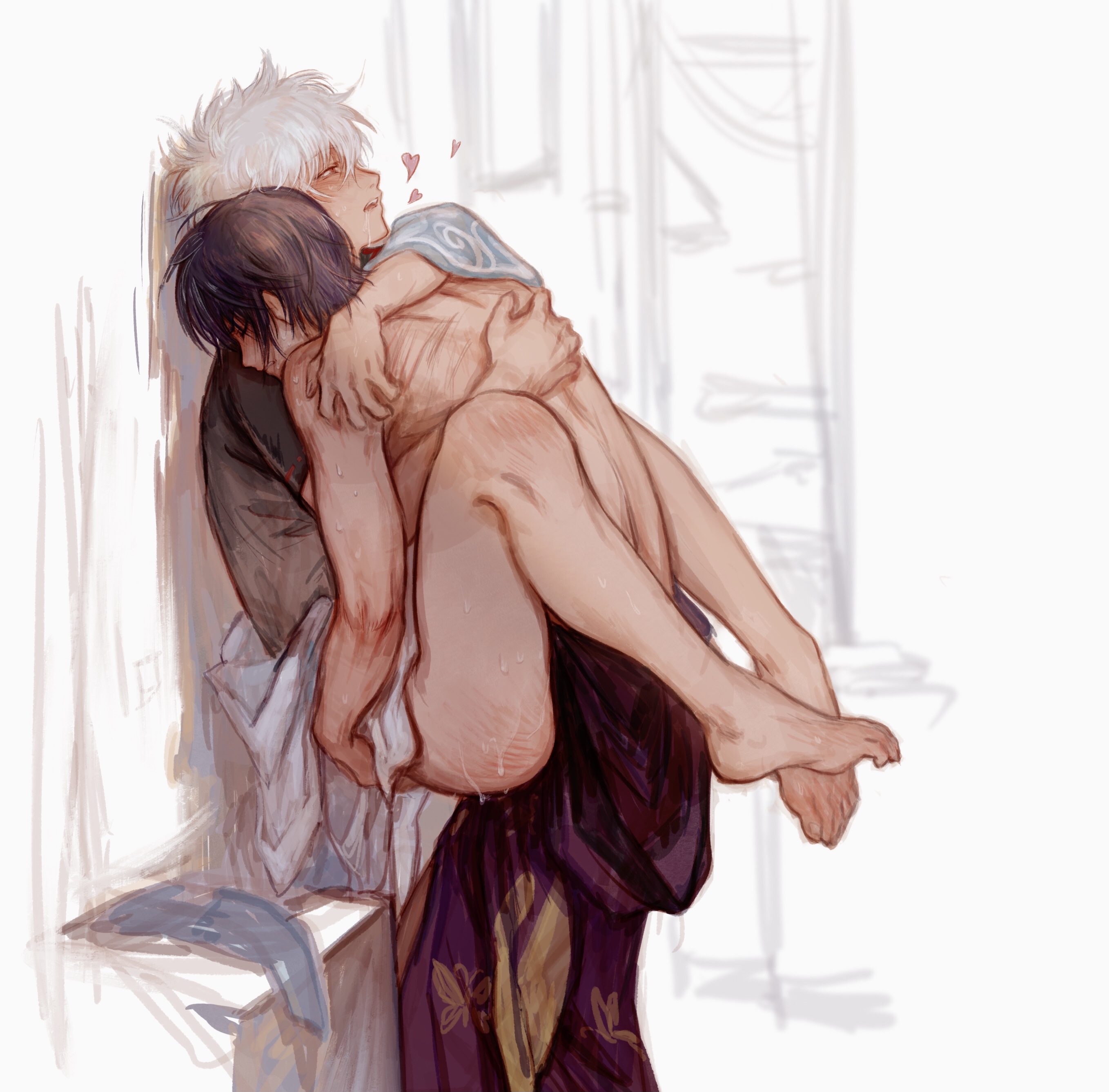 2boys, against wall, anal, anal sex, barefoot, blush, bottomless, carrying partner, clothed sex, dark hair, deng 810, functionally nude, gay, gintama, gintoki sakata, implied anal, kimono, male, male only, scratches, silver hair, sweat, takasugi shinsuke, white hair, yaoi