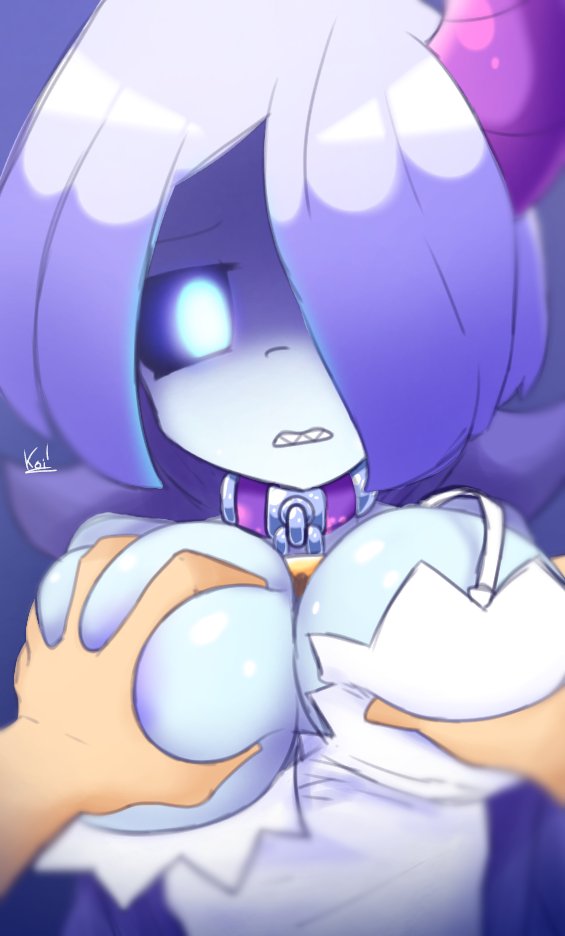 blue skin, breast grab, breasts, female, ghost girl, hand on breast, koishiko (artist), mery (koishiko), original character, tagme, white hair, white shirt