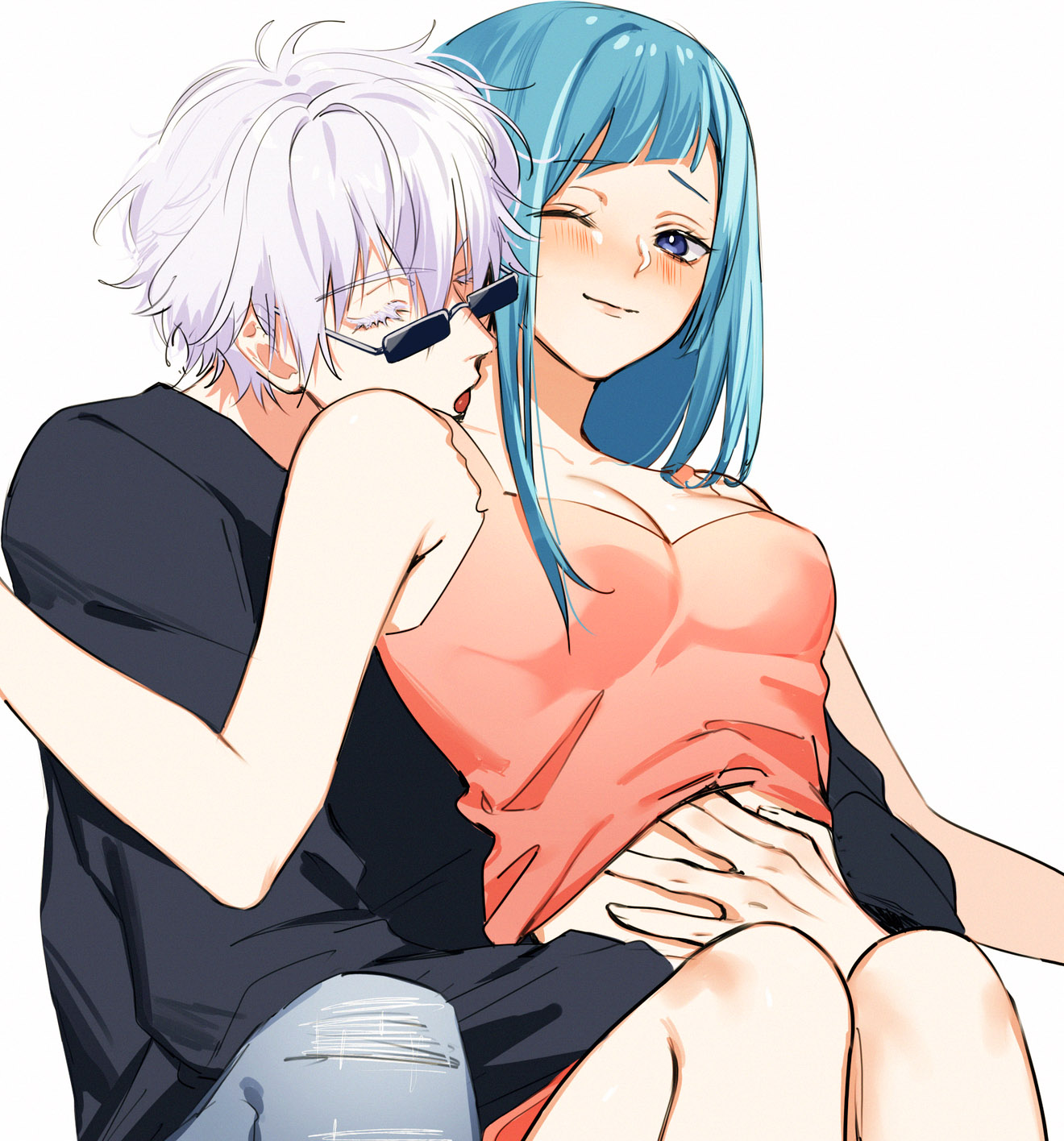 1boy, 1girls, bangs, blue eyes, blue hair, blue-haired female, closed eyes, clothed, eyelashes, female, hand on stomach, hand under clothes, hugging, hugging from behind, jujutsu kaisen, kasumi miwa, licking, licking neck, male, on lap, satoru gojo, sensual, shirt lift, straight, suggestive, sunglasses, tank top, white hair, white-haired male