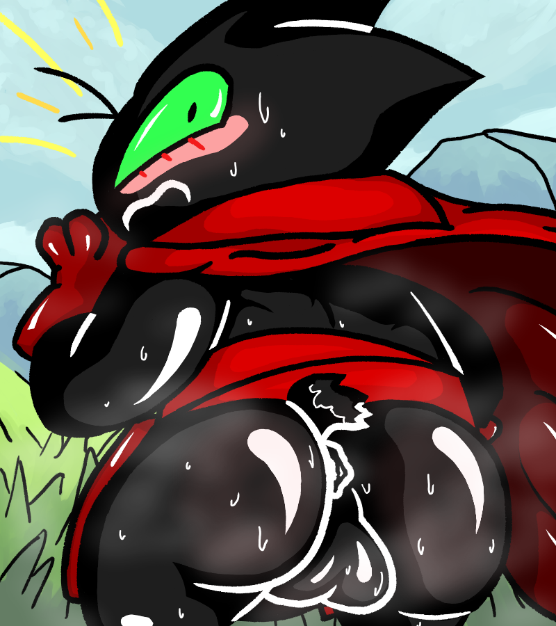 anthro ass balls black_body black_eyes black_fur blush bodily_fluids cape cartoon_network clothing domestic_cat embarrassed felid feline felis fur genitals gloves green_eyes handwear male mammal mao_mao:_heroes_of_pure_heart momu9172 rear_view sheriff_mao_mao_mao shocked_expression solo sweat sweaty_balls sweaty_butt sweaty_genitalia