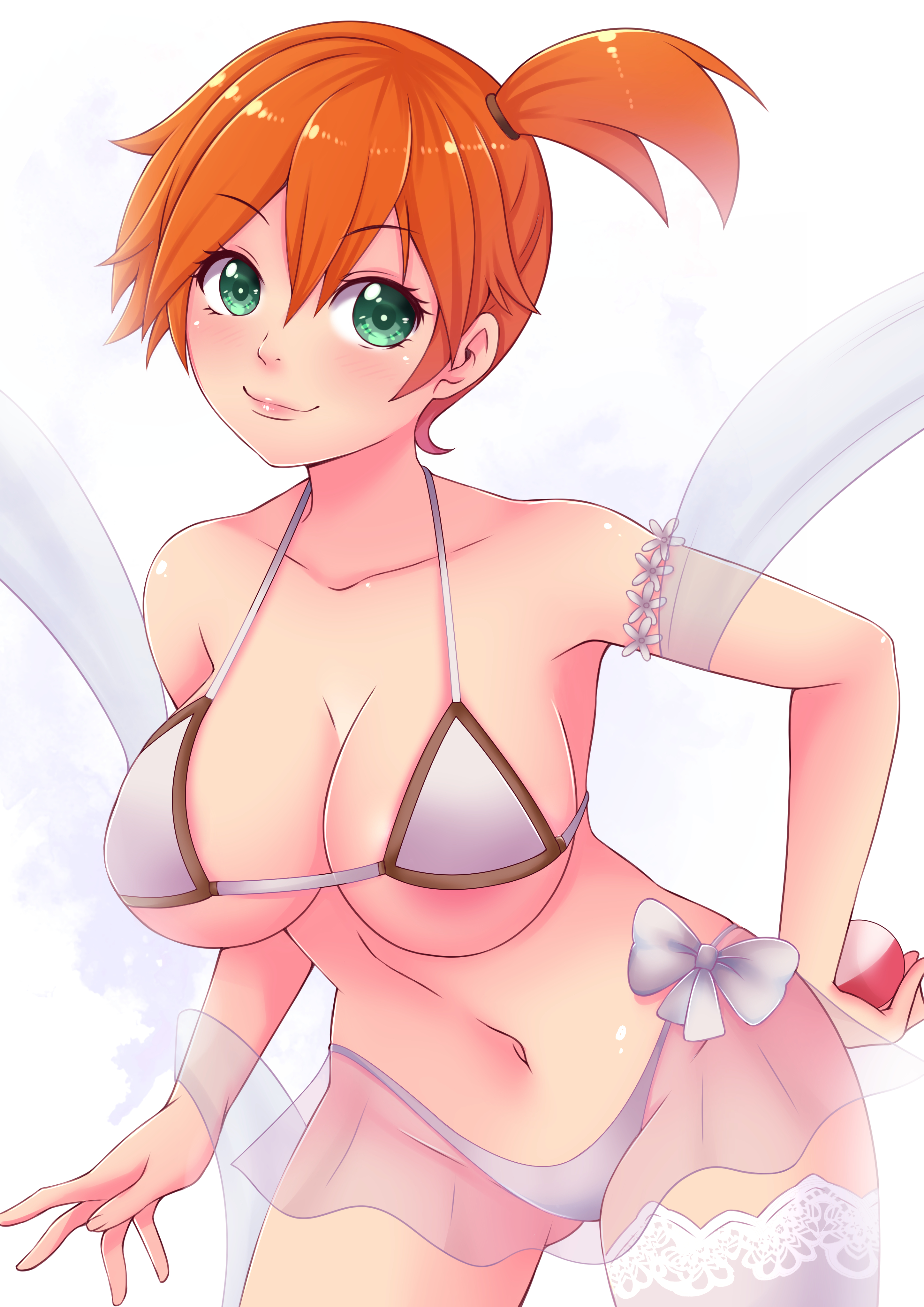 1girls, armpits, asymmetrical hair, bare arms, bare shoulders, blush, breasts, cleavage, clothing, curvaceous, female, female only, green eyes, heart, high resolution, huge breasts, kasumi (pokemon), large breasts, legs, lingerie, midriff, misune art, navel, nintendo, orange hair, poke ball, pokemon, pokemon (anime), pokemon (game), pokemon rgby, ponytail, short hair, shorts, side ponytail, smile, solo, spread legs, thick thighs, thighs, tied hair, very high resolution