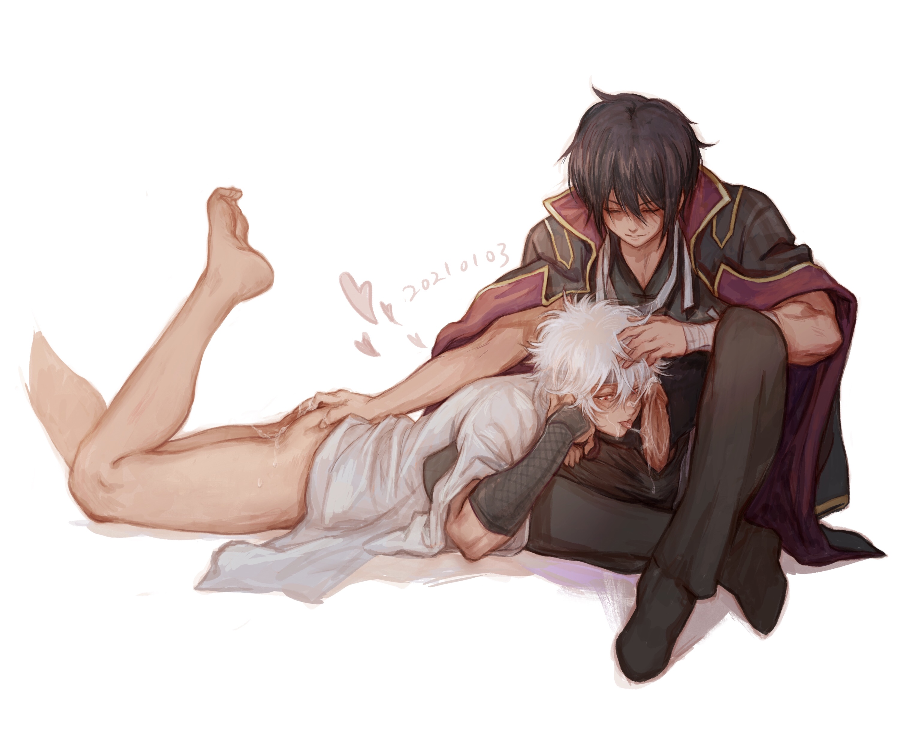 2boys, anal fingering, armor, barefoot, blowjob in the pose, bodily fluids, bottomless, dark hair, deng 810, erection, feet up, fellatio, fingering, fingering partner, full body, gay, gintama, gintoki sakata, hand on another's head, headband, japanese clothes, licking penis, male, male only, official alternate costume, on stomach, oral, penis, penis out, precum, samurai, silver hair, takasugi shinsuke, uncensored, white hair, yaoi