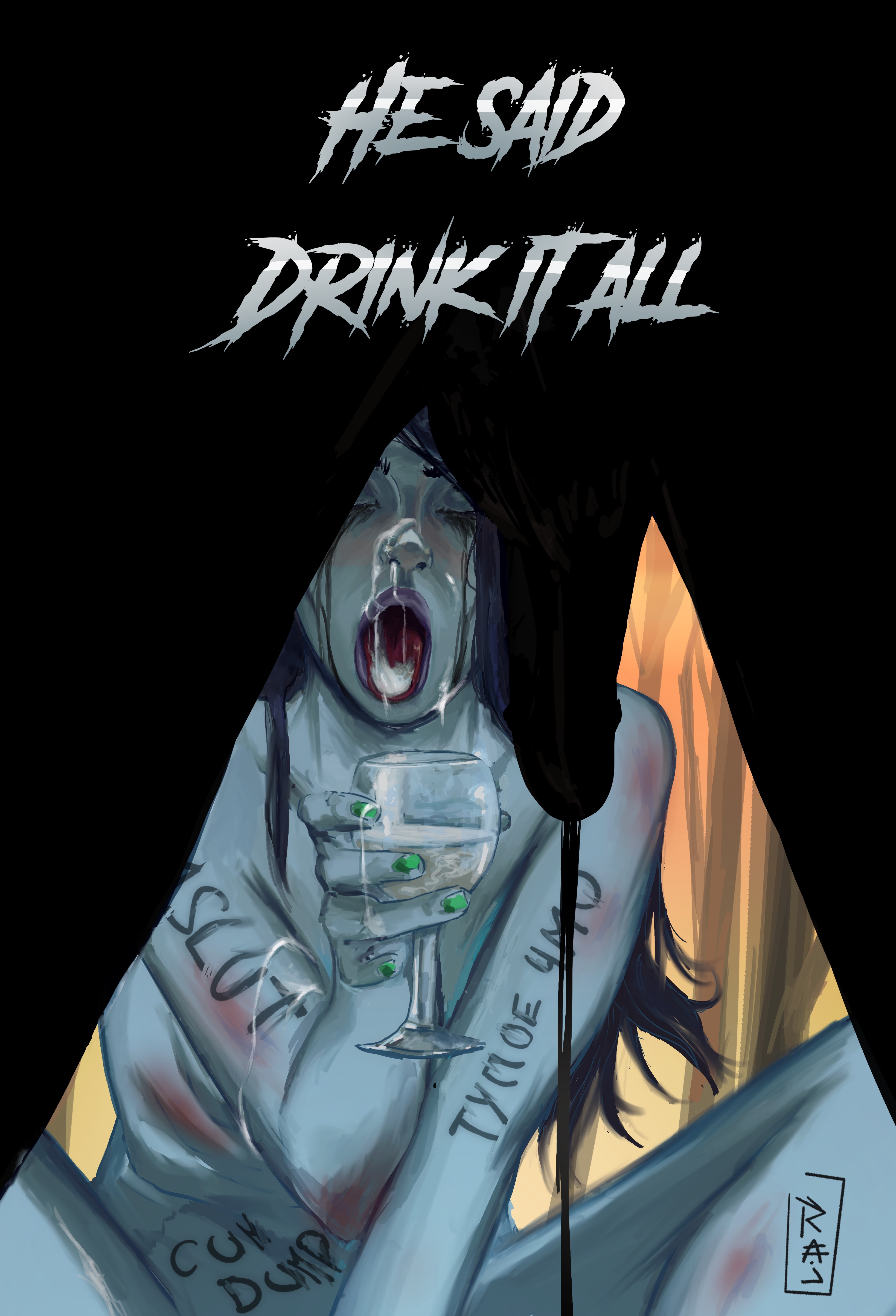 ambiguous gender, blue skin, cum, cum in glass, cum in mouth, dark hair, dota 2, faceless male, male, phantom assassin, purple lipstick, rajdraw, simple background, sperm, tongue