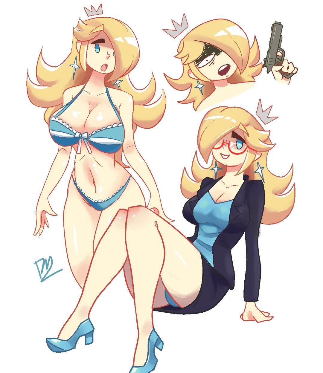 1girls 2022 artist_signature autogrinder big_breasts blonde_hair blue_eyes bra breasts crown earrings female female_only glasses gun hair_over_one_eye heels long_hair mario_(series) nintendo open_mouth princess_rosalina shiny_skin simple_background smile solo star_earrings underwear white_background