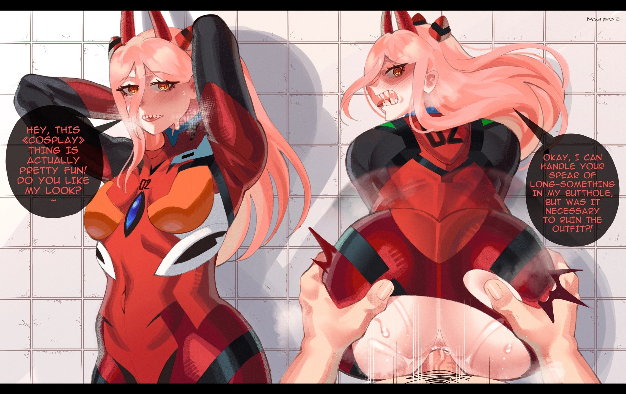 1boy, 1girls, anal, anal sex, ass, ass grab, asuka langley sohryu (cosplay), big ass, big butt, bodysuit, breasts, chainsaw man, cosplay, demon, demon girl, demon horns, dialogue, english text, female, horns, long hair, male, mawiedz, medium breasts, neon genesis evangelion, penetration, penis, pink hair, plugsuit, power (chainsaw man), pubic hair, ripped bodysuit, sex, sharp teeth, skin tight, skindentation, speech bubble, text