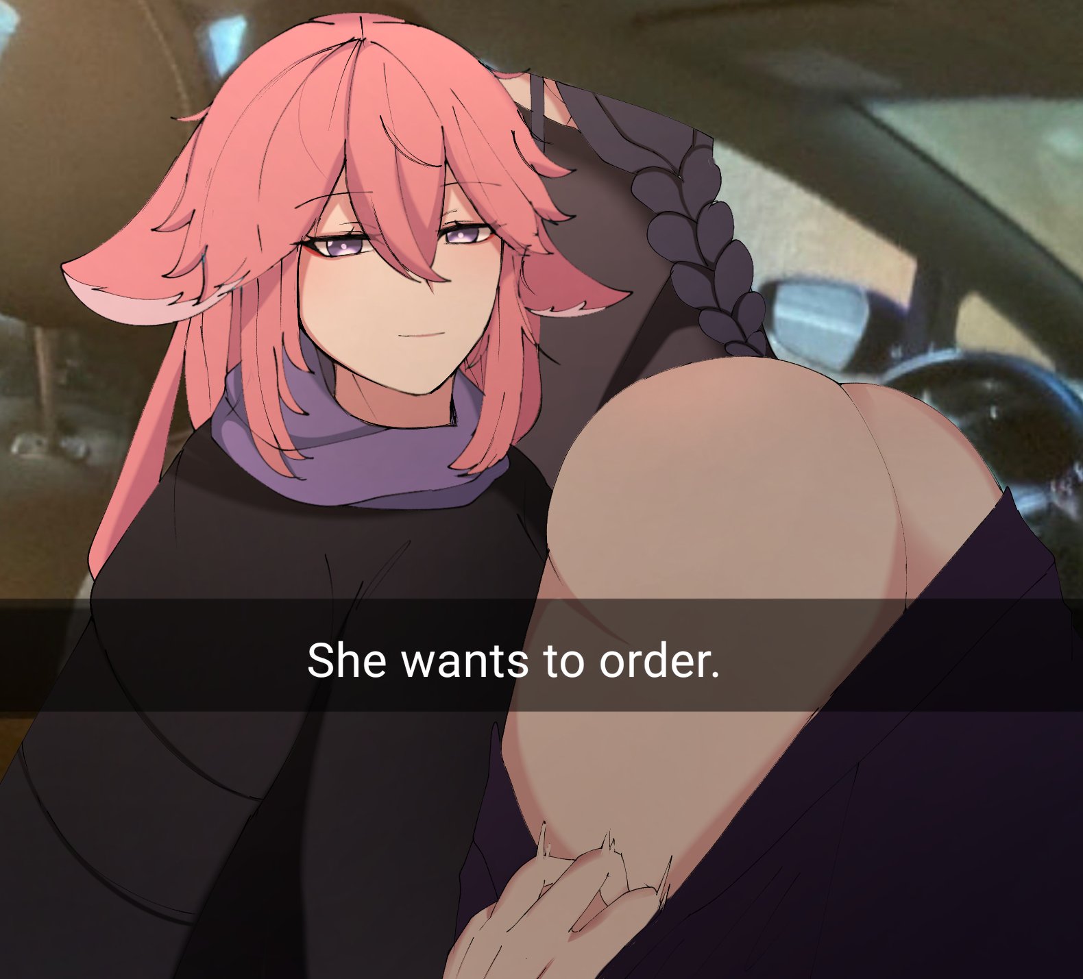 2022, 2girls, animal ears, ass, big ass, car, clothed, faceless, faceless character, faceless female, female, genshin impact, hoyoverse, human, humanoid, kemonomimi, light skin, light-skinned female, long hair, meme, mihoyo, mostly clothed, nude, nude female, peawilla-x (mon), pink hair, presenting ass, pulling down pants, purple hair, raiden shogun, selfie, she wants to order, snapchat, yae miko