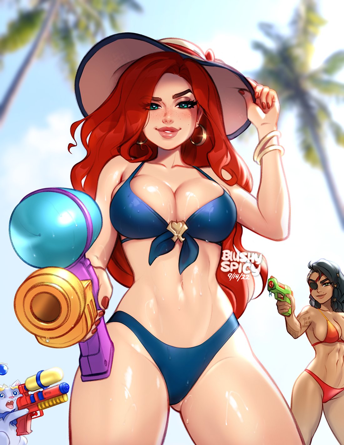 bikini blushypixy blushyspicy bra dark-skinned_female female female_focus female_only female_pirate hartman_hips hips hourglass_figure large_breasts league_of_legends light-skinned_female long_hair long_hair_female panties pirate pool_party_miss_fortune pool_party_series red_hair samira_(league_of_legends) sarah_fortune supersoaker swimsuit swimwear thick_thighs thunder_thighs thunderthighs water water_gun water_pistol wet wet_body wide_hips yuumi_(lol)