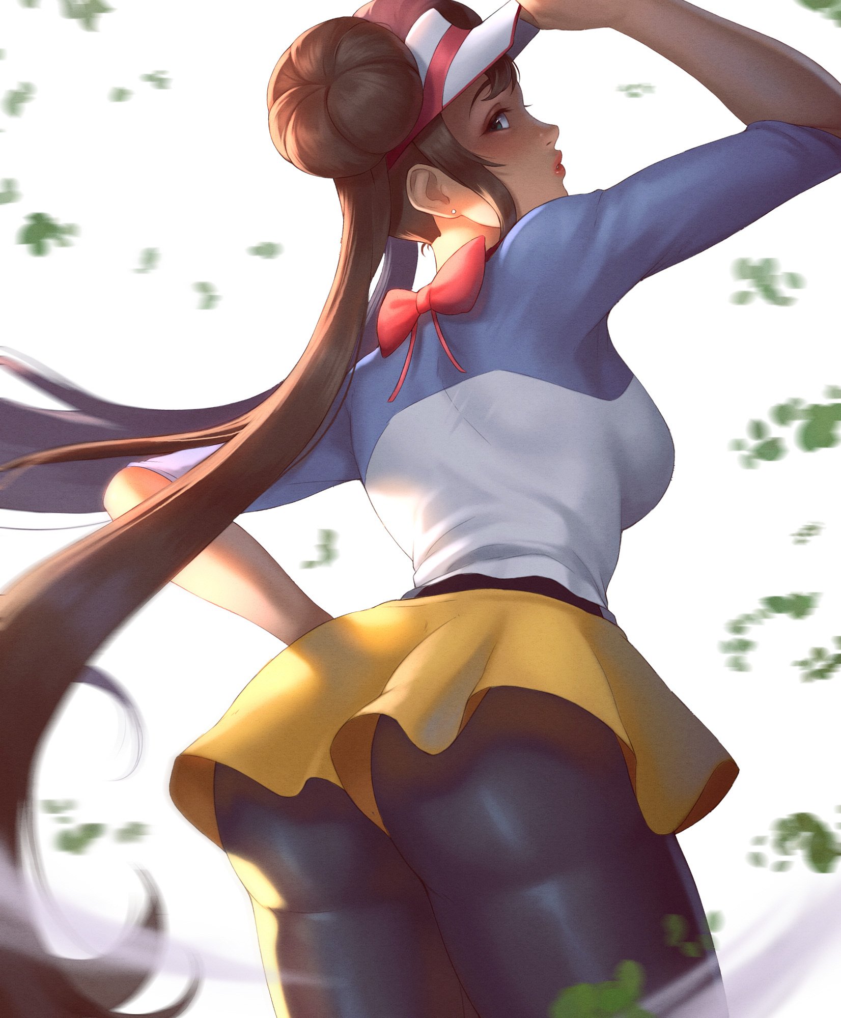 1girls, 2022, ass, blue eyes, breasts, brown hair, clothed, clothed female, female, female only, large ass, large breasts, leggings, long hair, nintendo, pokemon, pokemon bw2, rekk art, rosa (pokemon), slim waist, twin buns, twintails