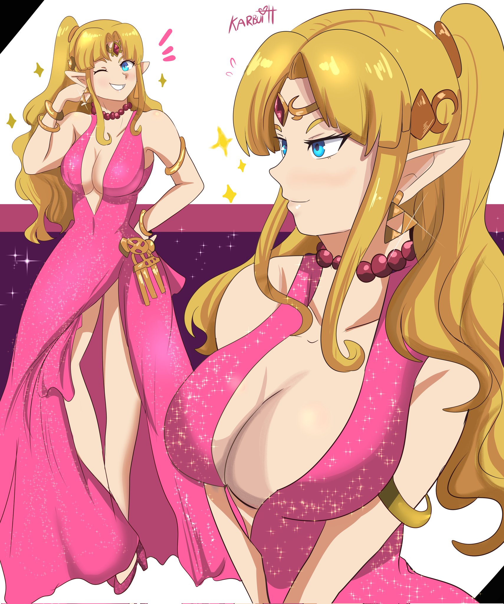 1girls, alternate hairstyle, big breasts, bimbo, blonde hair, blue eyes, breasts, busty, cleavage, dress, evening gown, female, female only, grin, hand on hip, highres, karbuitt, large breasts, legs, nintendo, pink outfit, pointy ears, ponytail, pose, princess, princess zelda, sensual, smile, solo, solo female, the legend of zelda, thighs, voluptuous, zelda (a link between worlds)