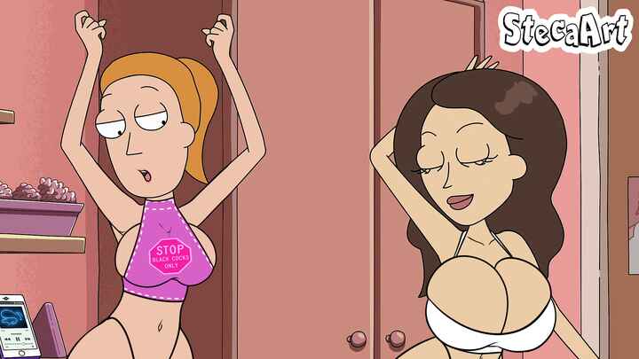 bra breast_size_difference cleavage cleavage_overflow crop_top edit female_only large_breasts looking_at_breasts rick_and_morty screenshot_edit sideboob steca summer_smith thelazyart tricia_lange