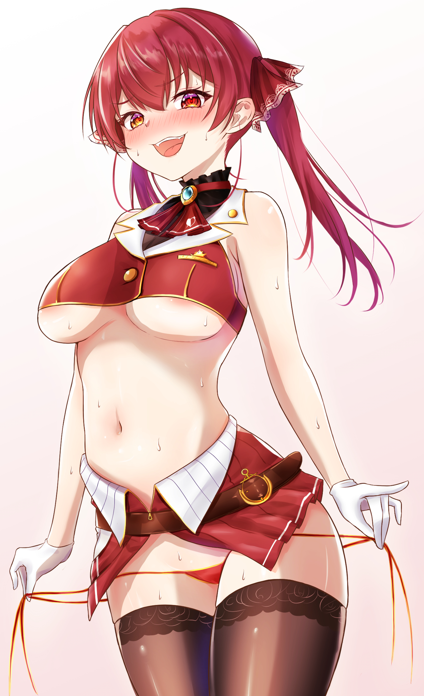 :d, adapted costume, ascot, belt, blush, breasts, brown thighhighs, female, gloves, hair between eyes, hair ribbon, heart, heart-shaped pupils, highres, hololive, hololive fantasy, hololive japan, houshou marine, large breasts, long hair, looking at viewer, midriff, miniskirt, navel, open mouth, panties, panty pull, red eyes, red hair, red ribbon, red skirt, ribbon, shihaku rare, side-tie panties, simple background, skirt, smile, solo, string panties, sweat, symbol-shaped pupils, teeth, thighhighs, twintails, underboob, underwear, upper teeth, virtual youtuber, white gloves