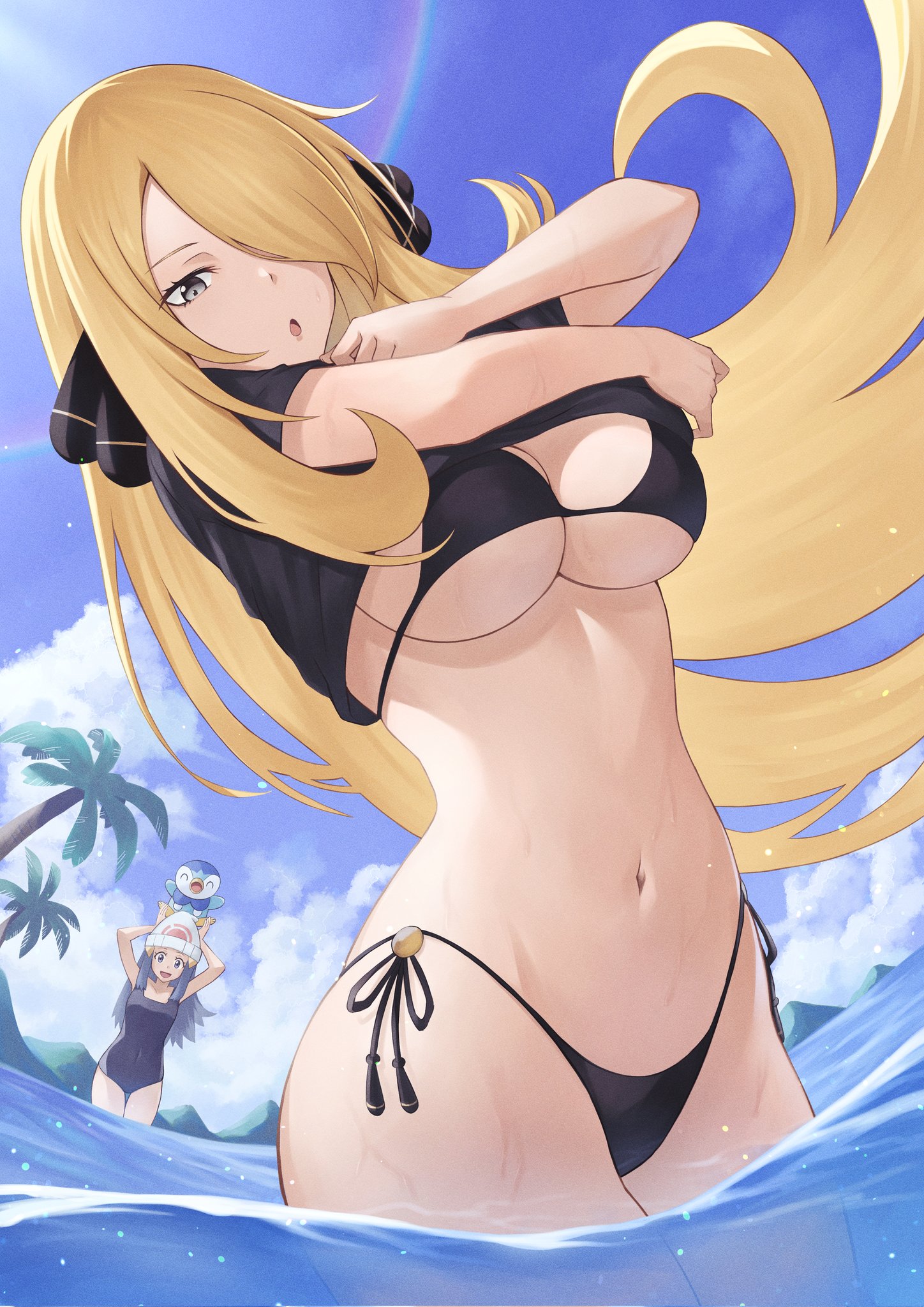 2girls, beach, big breasts, bikini, blonde hair, breasts, cynthia (pokemon), dawn (pokemon), female, long hair, looking at viewer, piplup, pokemon, pokemon (species), seductive eyes, seductive look, swimsuit, thong, undressing, voluptuous, voluptuous female
