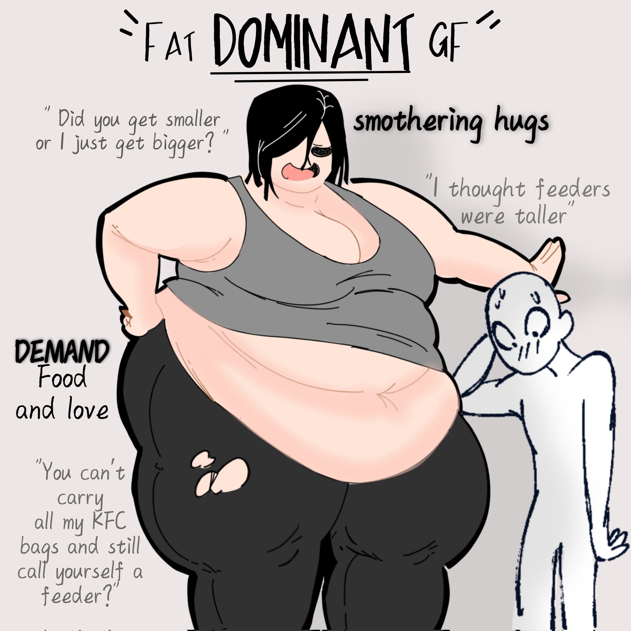 1boy, 1girls, 2022, anon, belly, belly button, big breasts, black hair, breasts, cleavage, english, english text, fat female, female, femdom, hips, huge belly, huge breasts, ideal gf, large breasts, larger female, looking at partner, looking down, male, mochaaamilk, navel, nervous sweat, obese female, overweight female, short hair, shy, size difference, smaller male, sweat, sweatdrop, text, wide hips