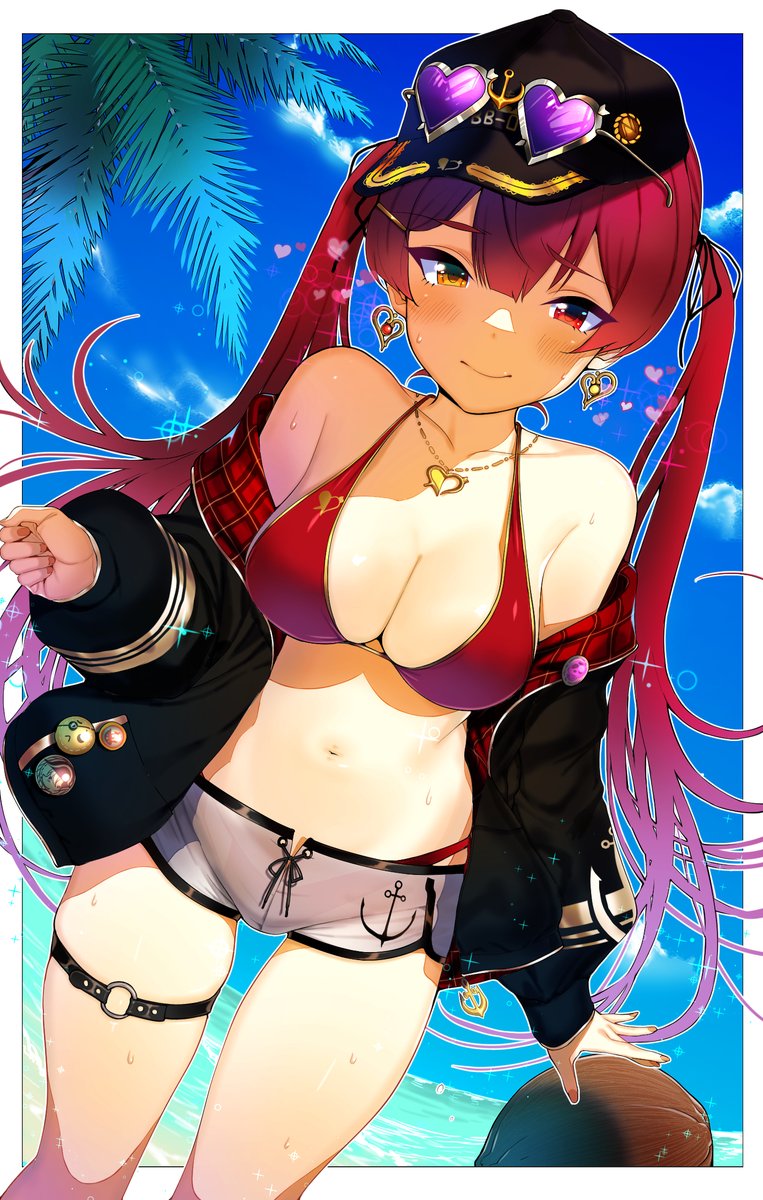 anchor symbol, bangs, bare shoulders, baseball cap, beach, bikini, bikini under clothes, black headwear, black jacket, blunt bangs, breasts, coconut, commentary, day, dolphin shorts, earrings, eyewear on head, feet out of frame, female, hat, heart, heart earrings, heart necklace, heart-shaped eyewear, heterochromia, highres, hololive, hololive fantasy, hololive japan, houshou marine, jacket, jewelry, long hair, looking at viewer, navel, necklace, ocean, off shoulder, outdoors, palm tree, plain 222, red bikini, red eyes, red hair, short shorts, shorts, sky, smile, solo, sparkle, standing, swimsuit, thigh strap, tree, twintails, virtual youtuber, water, yellow eyes