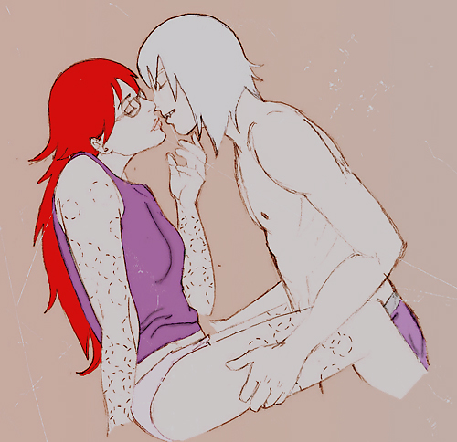 1boy, 1girls, bite mark, cropped legs, duo, duo focus, female, hozuki suigetsu, imminent kiss, long hair, male, naruto, naruto (series), naruto shippuden, panties, partially clothed, red hair, romantic, shirtless, straight, tank top, tsubakiland, uzumaki karin, very long hair, white hair