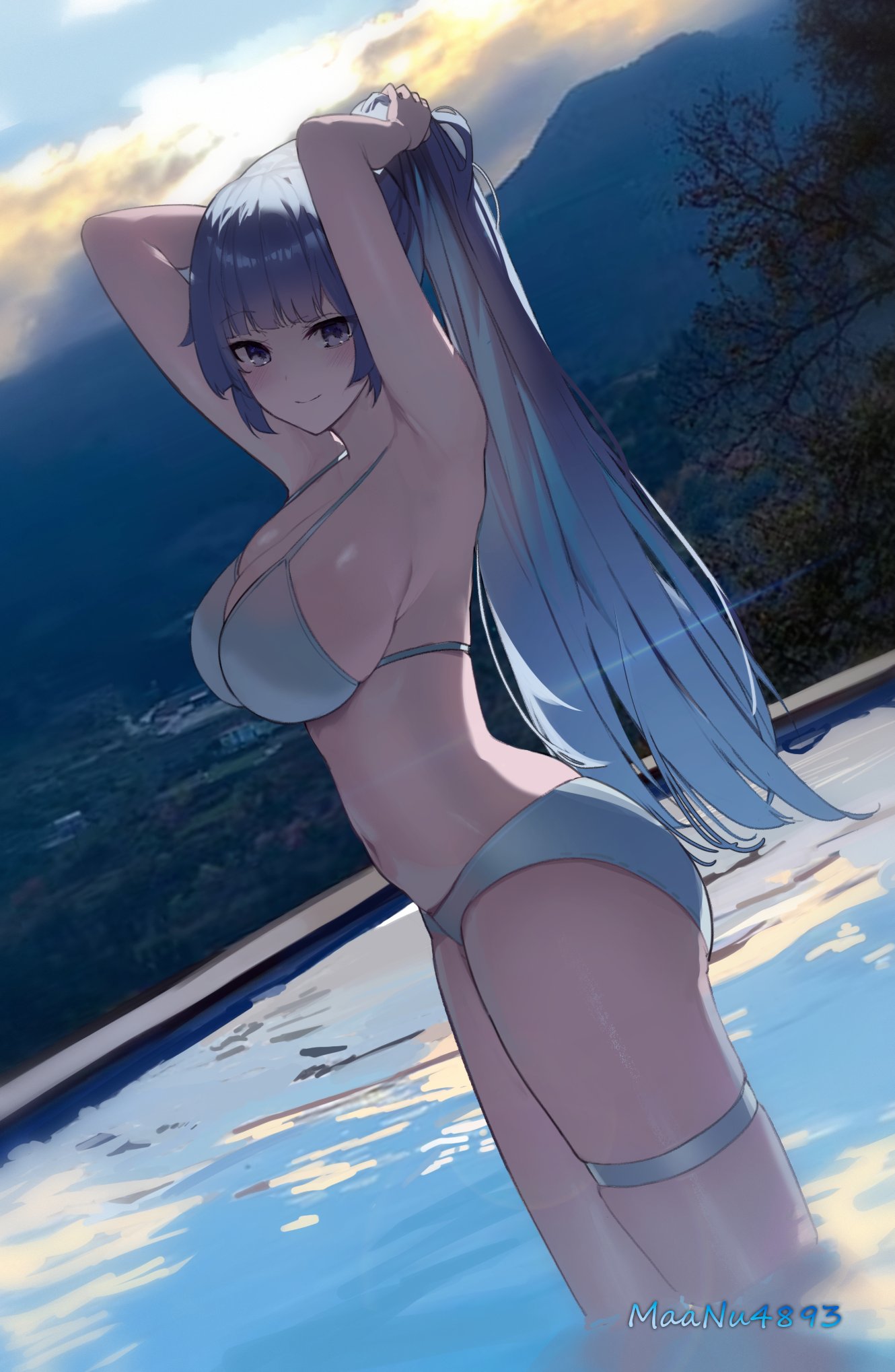 1girls big_breasts blue_bikini blue_hair bulging_breasts curvaceous curvy_body curvy_female curvy_figure long_hair looking_at_viewer maanu sideboob sky solo_female water