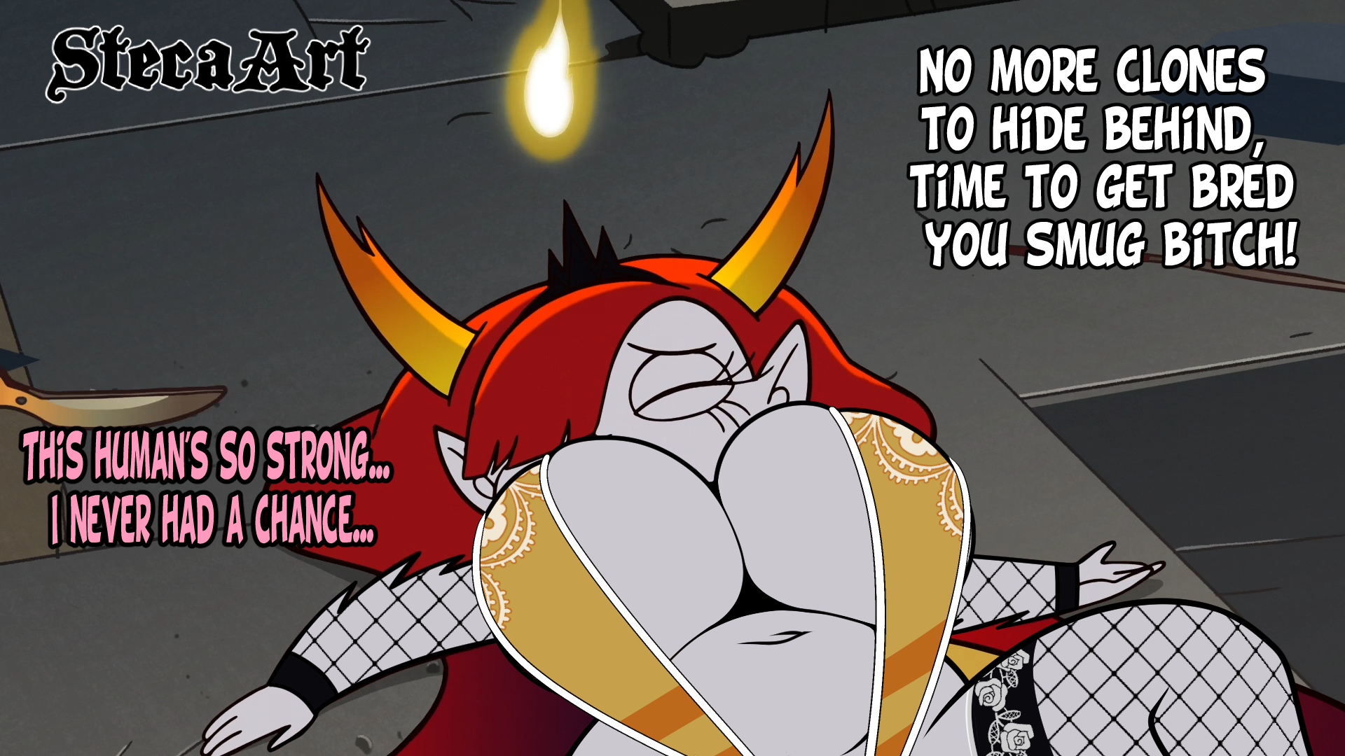 breasts, defeated, defeated villainess, disney, disney channel, disney xd, edit, eyelashes, female, fire, fishnet legwear, hair over one eye, hekapoo, horns, huge breasts, massive breasts, screenshot edit, star vs the forces of evil, steca, thelazyart, underboob, venus body, white skin, yellow sclera