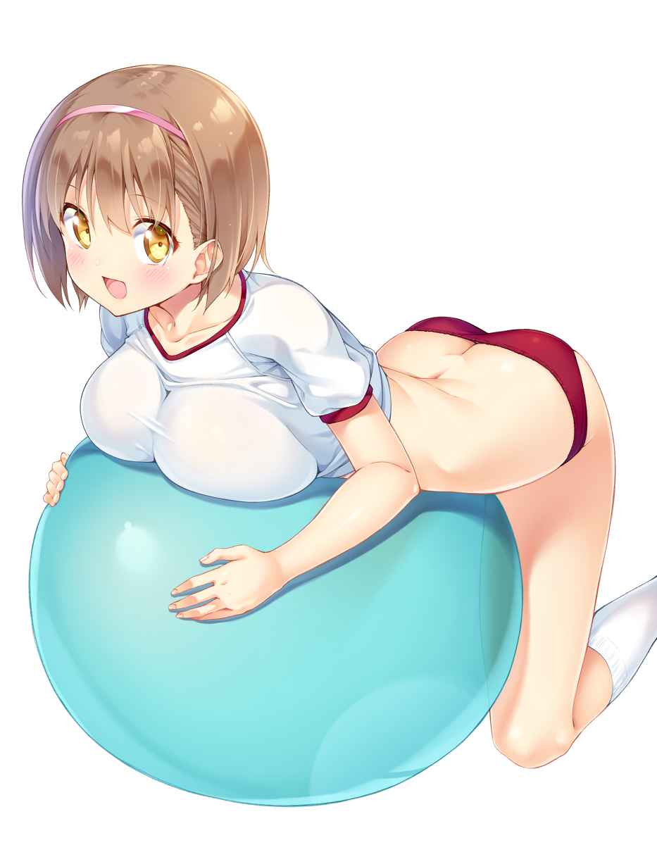 :d ass_cleavage ball bangs breasts brown_hair buruma butt_crack commentary_request crop_top exercise_ball female gym_uniform hairband highres kazuma_(kazumav) kneehighs large_breasts looking_at_viewer open_mouth original red_buruma shirt short_hair short_sleeves simple_background smile socks solo t-shirt white_background white_shirt white_socks yellow_eyes