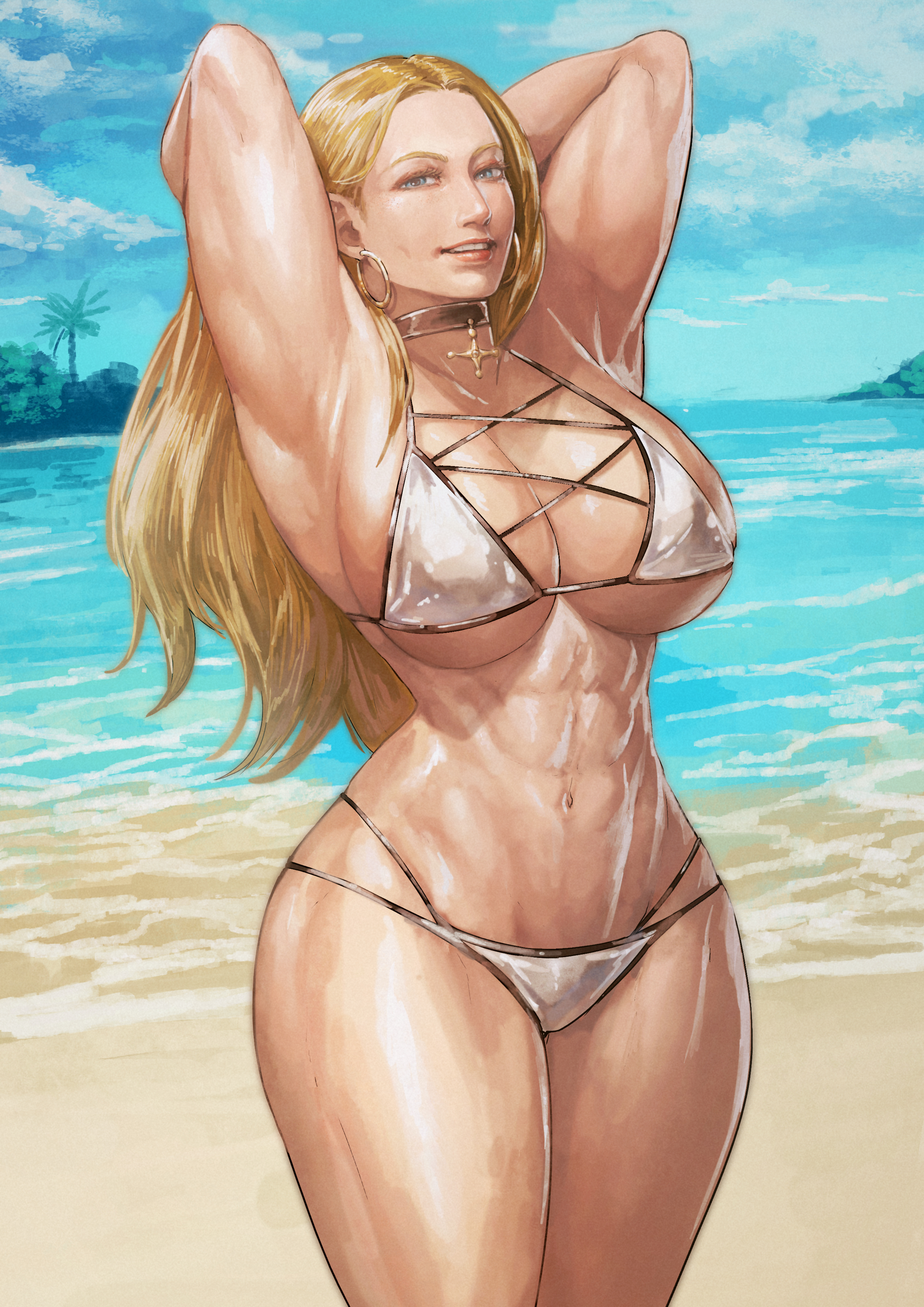 armpits, athletic, athletic female, beach, blonde hair, blue eyes, breasts, cirenk, cleavage, curvaceous, female, fit, fit female, hoop earrings, kolin (street fighter), large breasts, long hair, muscular, muscular female, smiling at viewer, street fighter, street fighter v, swimsuit, toned, toned female, voluptuous, wide hips