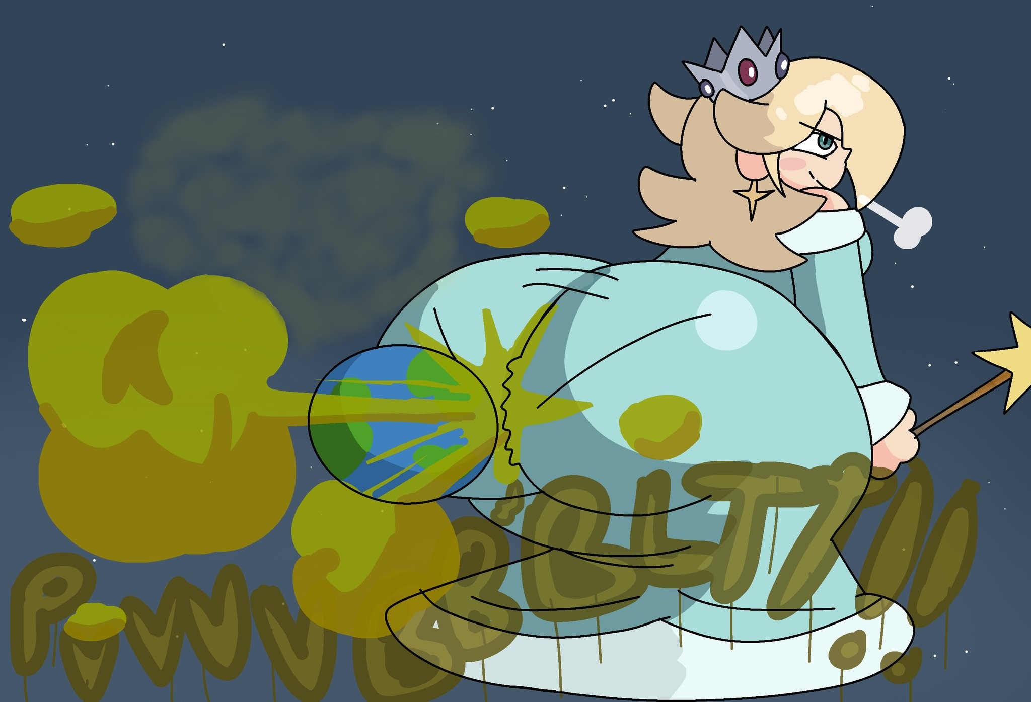 ass, big ass, big butt, brappycatty, bubble ass, bubble butt, crouching, dress, earth, fart, female, giantess, macro, mario (series), nintendo, princess rosalina, space, sunniefunnie, super mario galaxy