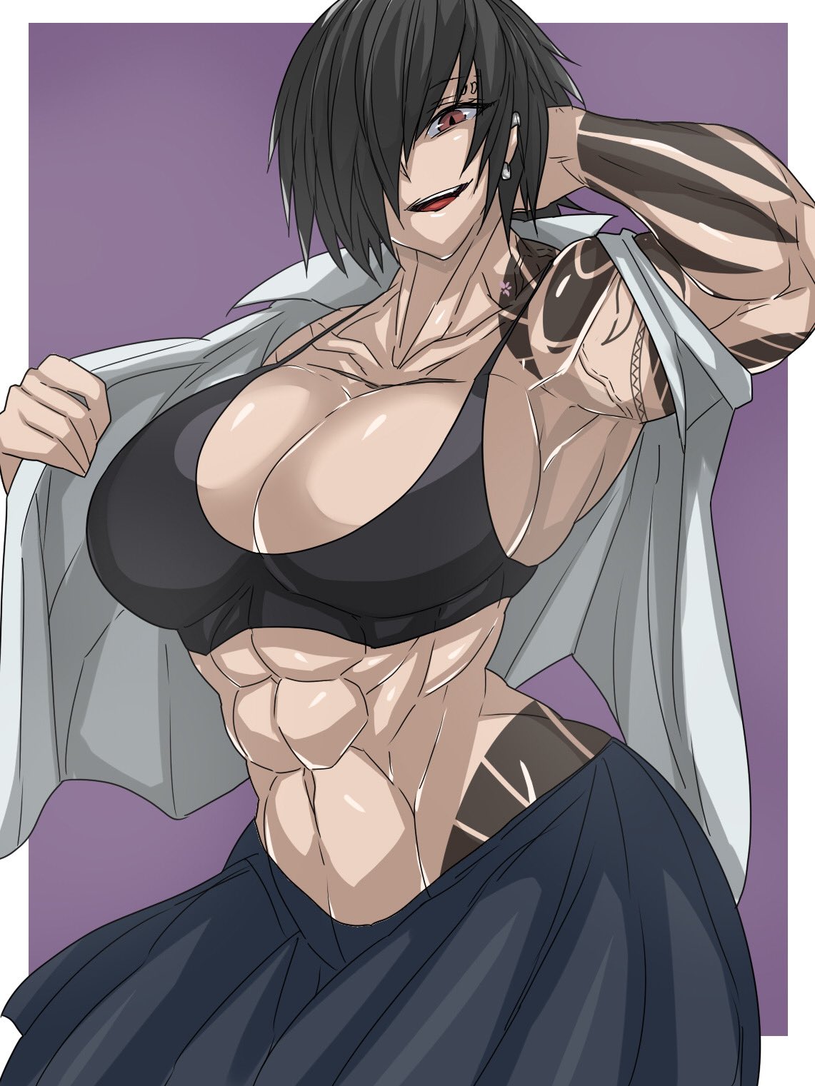 1girls abs armpits big_breasts black_hair bra looking_at_viewer muscular muscular_female piercings six_pack skirt tagme tattoo undressing veins yuko_mizobuti_(zokusuke) zokusuke