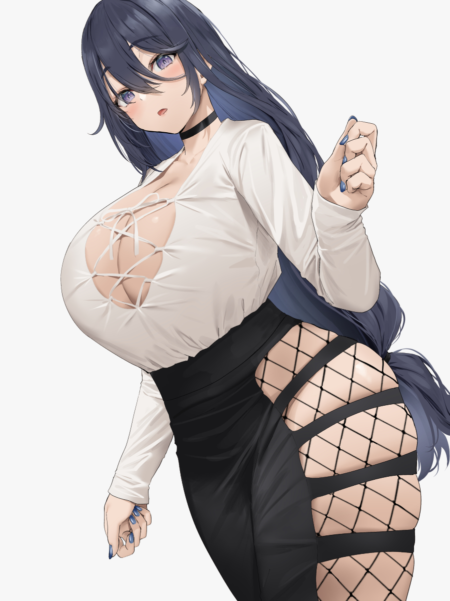 1girls, 2022, black hair, breasts, cleavage, clothed, clothed female, female, female only, fishnets, hips, huge breasts, light skin, light-skinned female, long hair, oekakizuki, original, original character, purple eyes, revealing clothes, slim waist, thick thighs, thighs, wide hips