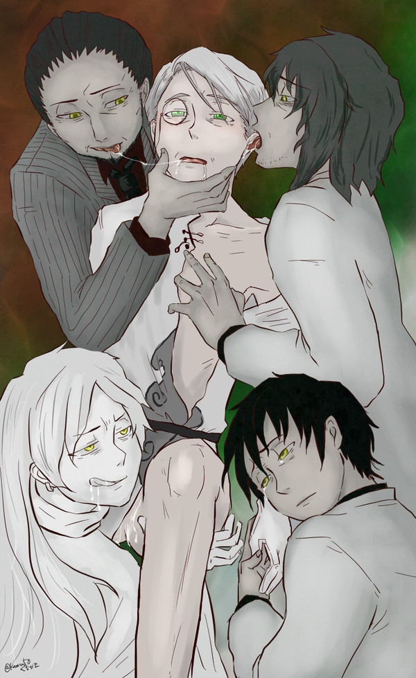 abel abram adam ayin_(lobotomy_corporation) black_hair fivesome green_eyes guchiyama hand_holding hand_on_chin hokma_(lobotomy_corporation) lobotomy_corporation project_moon saliva tagme tongue_kiss white_hair yaoi yellow_eyes