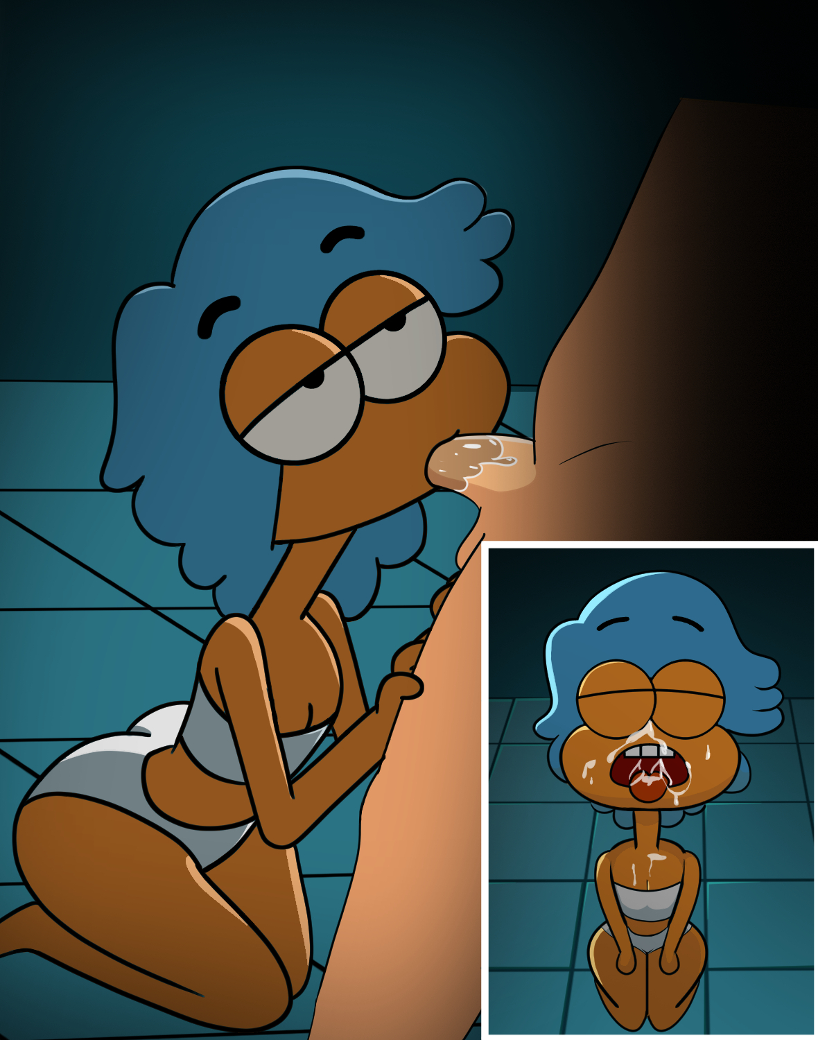 1boy, 1girls, 2022, 4 fingers, background character, bikini, blowjob, blue hair, breasts, cartoon network, cum, cum in mouth, cum on face, cute, eyes closed, faceless male, fellatio, female, flight attendant (the amazing world of gumball), impstripe, kneeling, male, naked, nude, nude male, on knees, oral, orange skin, orange tongue, small breasts, tagme, the amazing world of gumball, thick thighs, tongue, tongue out, white bikini