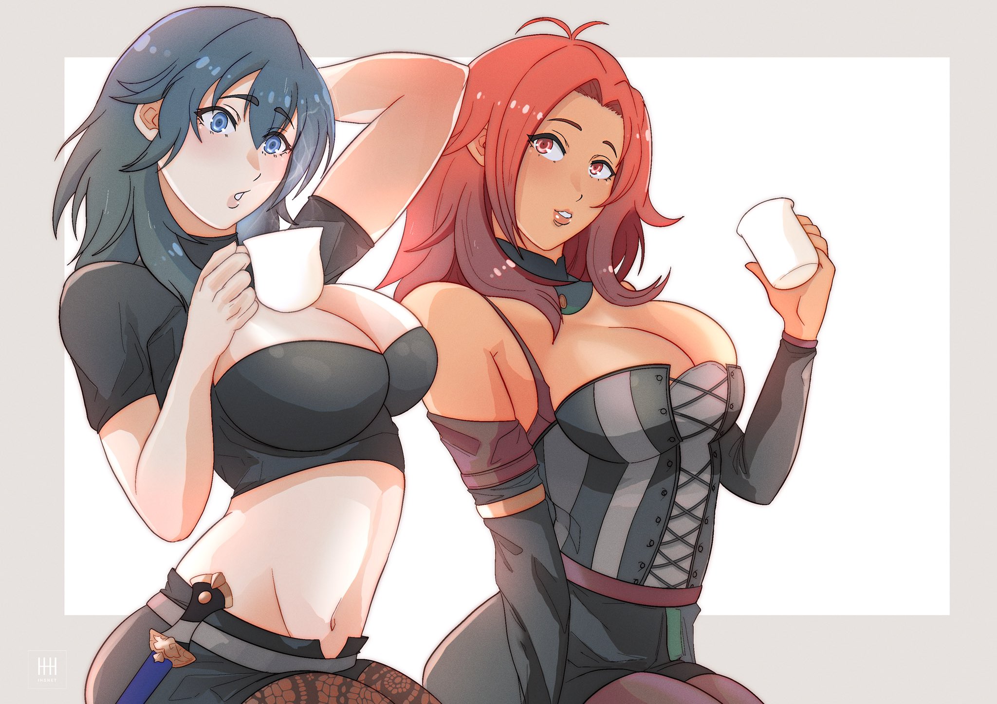 2girls, arm up, blue eyes, breasts, byleth (fire emblem), byleth (fire emblem) (female), cleavage, cleavage cutout, clothing cutout, cup, dark skin, dark-skinned female, female, female only, fire emblem, fire emblem warriors: three hopes, fire emblem: three houses, hapi (fire emblem), highres, ihsnet, large breasts, legwear, lips, looking at viewer, medium hair, multiple females, multiple girls, navel, nintendo, official alternate costume, official alternate hairstyle, pantyhose, shorts, teal hair, upper body